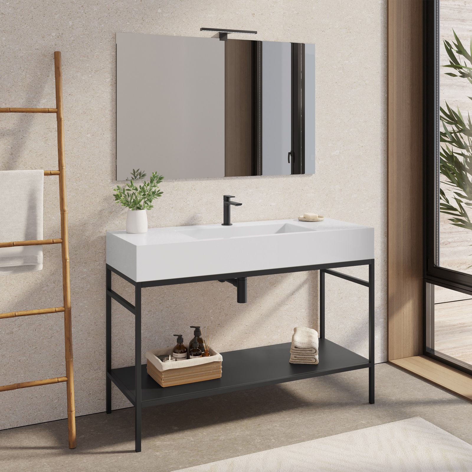 Mobile bagno a terra 120 cm nero opaco con top lavabo e specchio - Axis