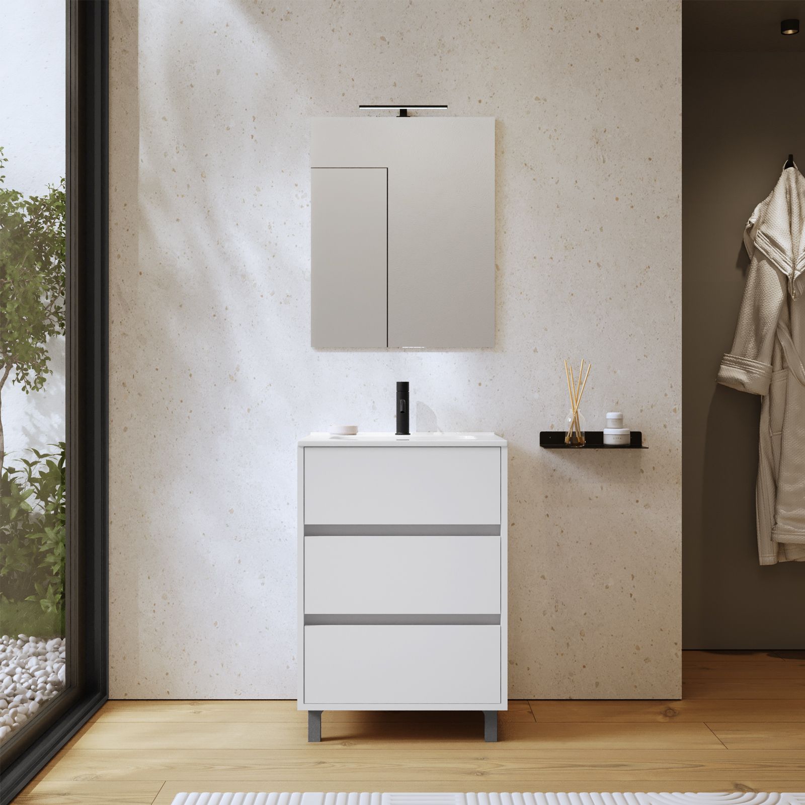 Mobile bagno a terra 60 cm bianco opaco con lavabo e specchio - Calipso