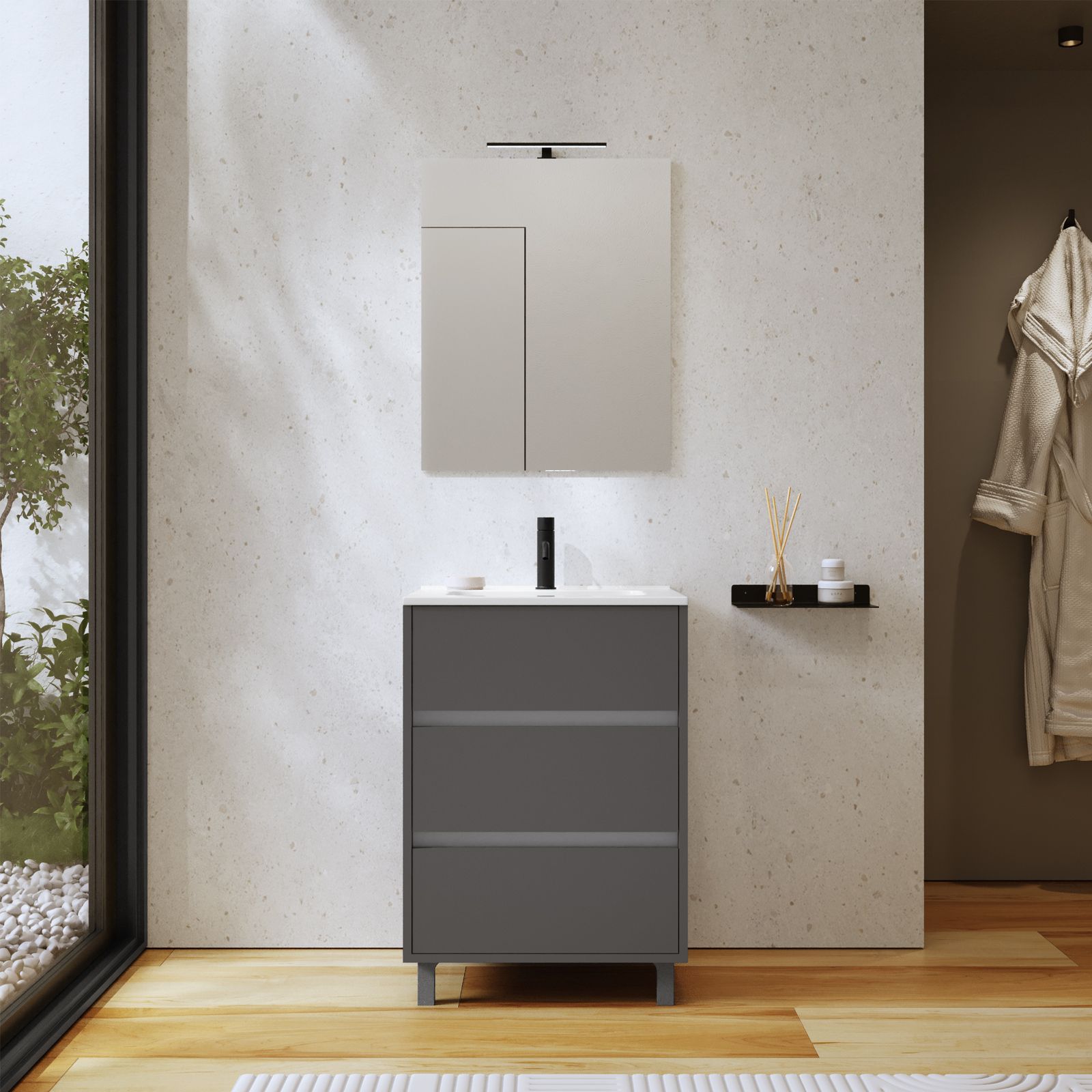 Mobile bagno 60 cm grigio grafite 3 cassettoni lavabo specchio Saxsi