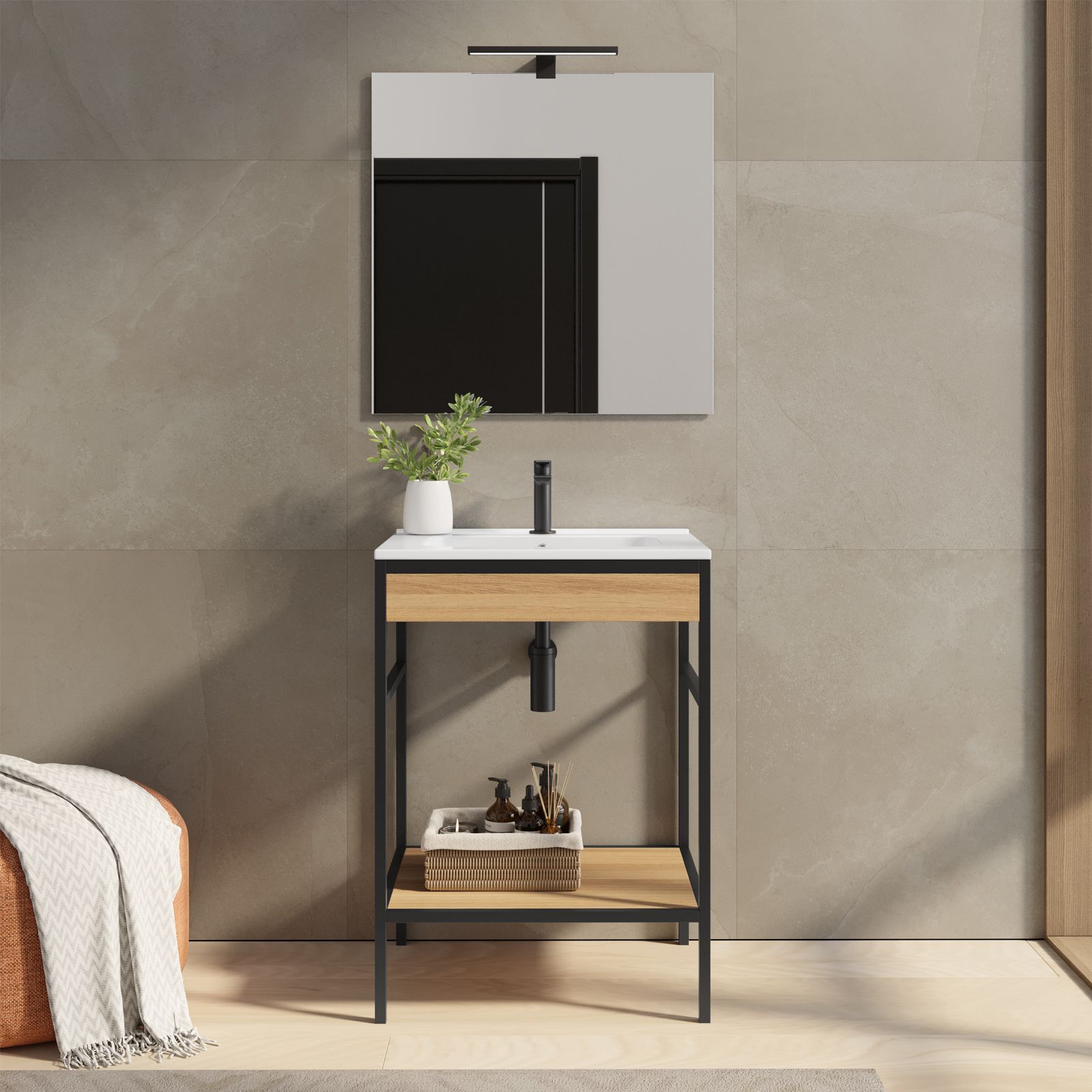 Mobile bagno a terra 120 cm nero e rovere con lavabo integrato e specchio -  Axis