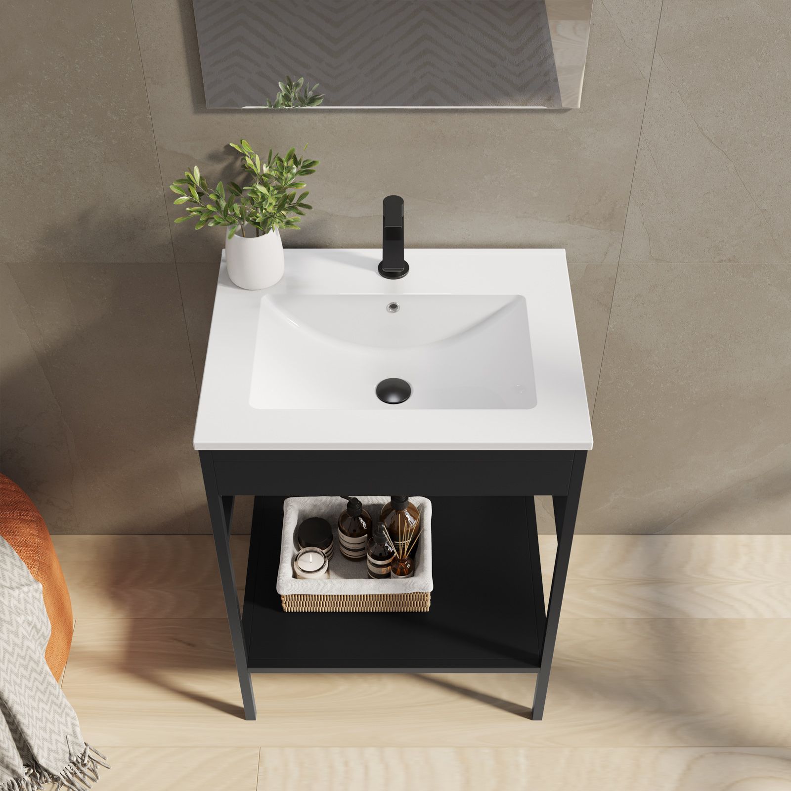 Mobile bagno a terra 60 cm nero opaco con lavabo integrato e specchio - Axis