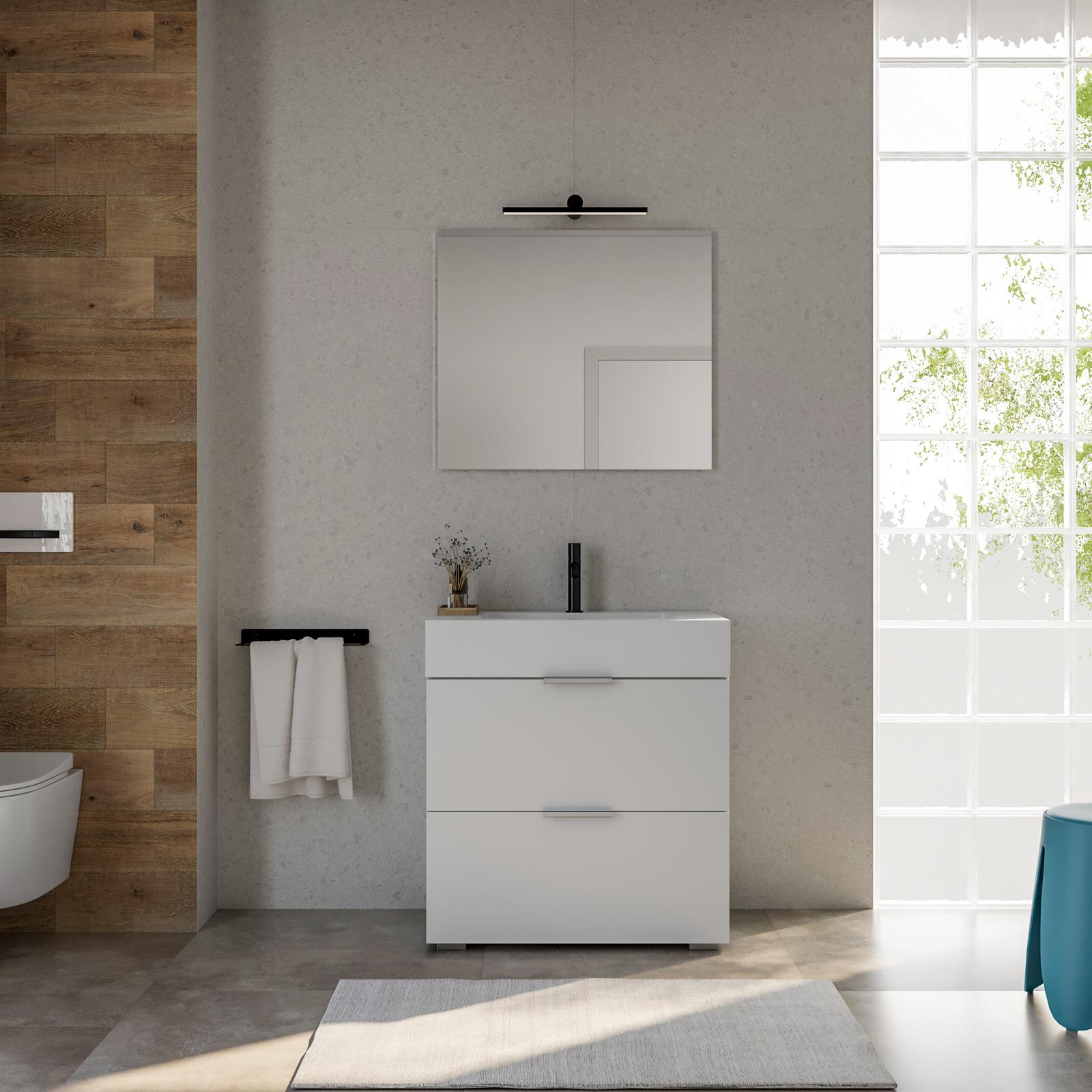 Set Mobile Bagno Vladon Aloha V2 – 189x193x51 Cm, Bianco Opaco/lucido Con Dettagli Petrolio, Lavabo Appoggio, Specchio LED Touch, Made In Germany