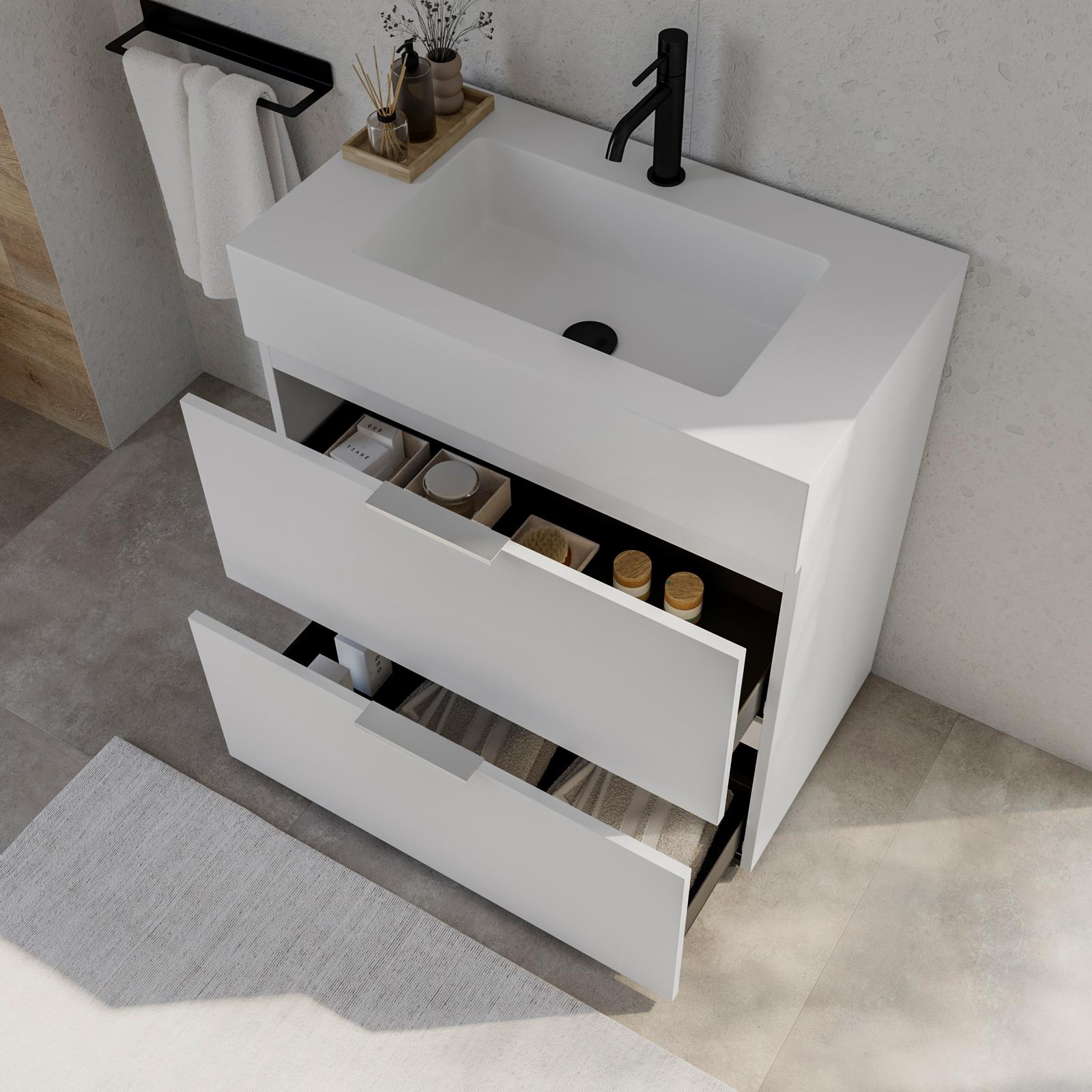 Alpenberger Lavabo Con Mobiletto Sospeso 80 Cm Bianco - 2 Cassetti Softclose E Lavabo In Ceramica - Per Bagno E WC Ospiti
