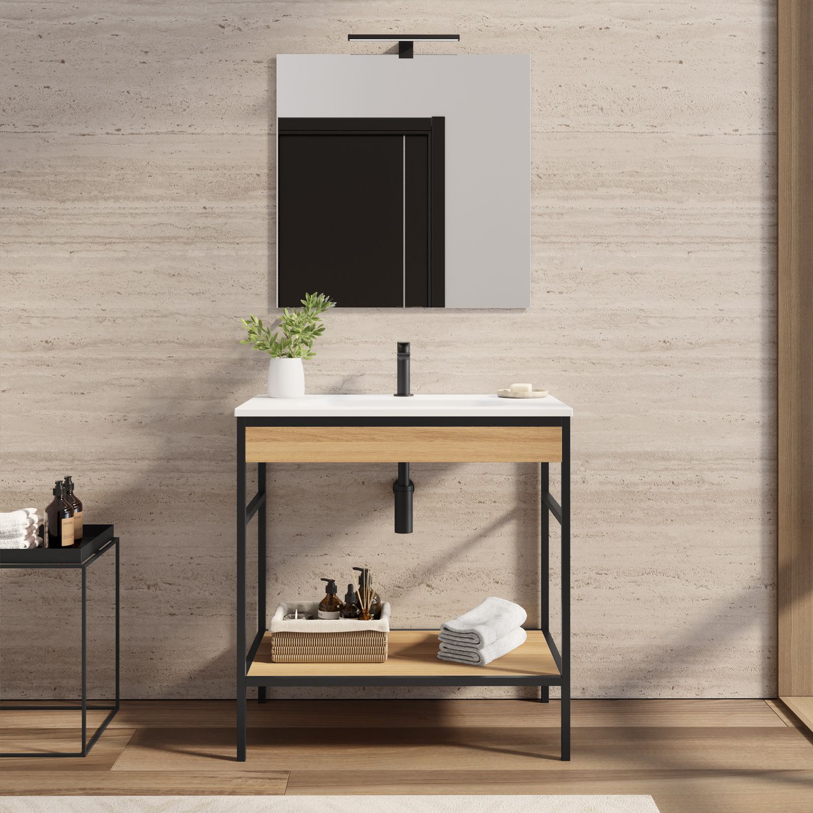 Mobile bagno a terra 80 cm nero e rovere con lavabo integrato e specchio -  Axis