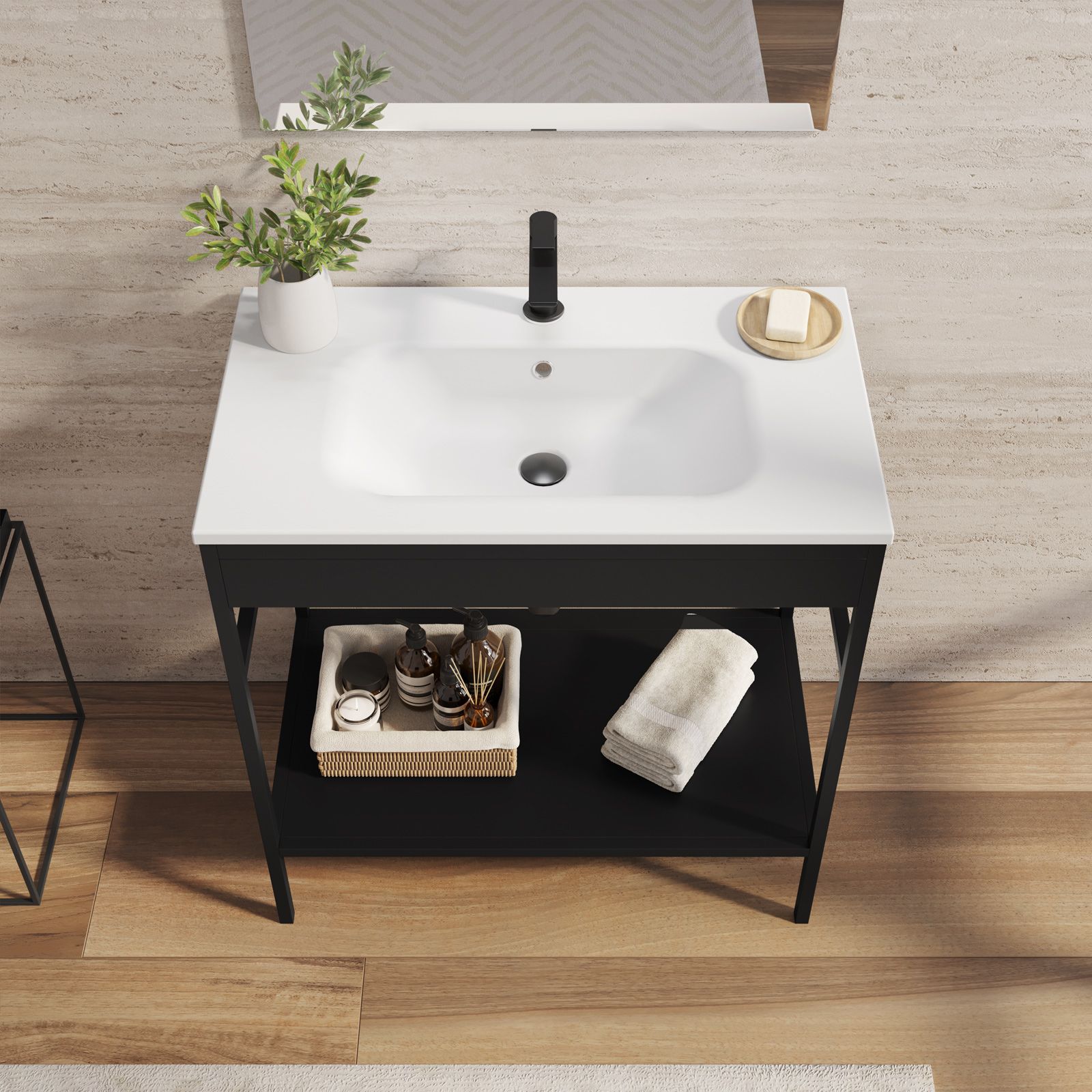 Mobile bagno a terra 80 cm portalavabo nero e rovere con specchio - Axis