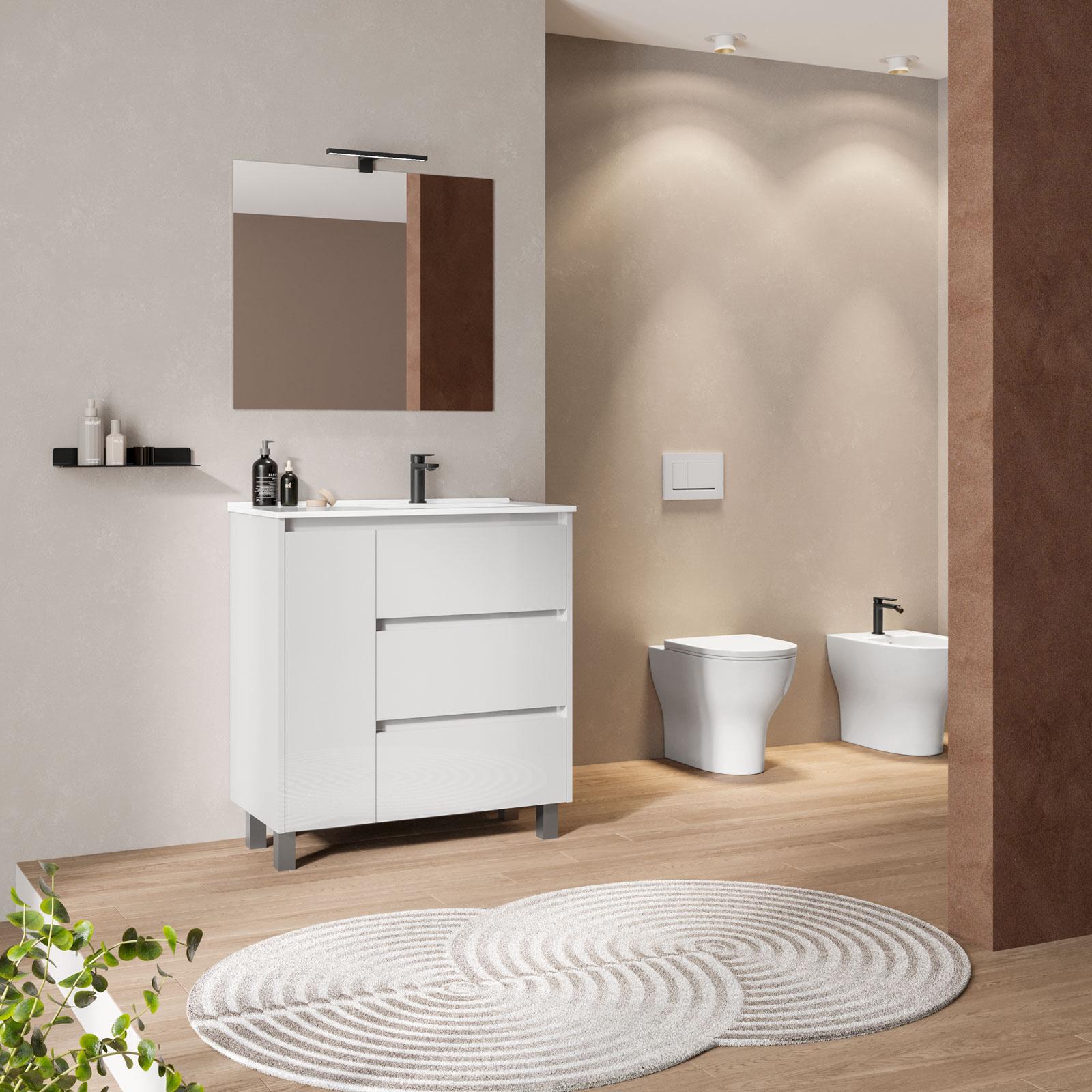 Set Mobile Bagno Ftrans | Lavabo Con Pensile 85x65x30 Cm | Bianco Lucido Con Rubinetto E Scarico Inclusi