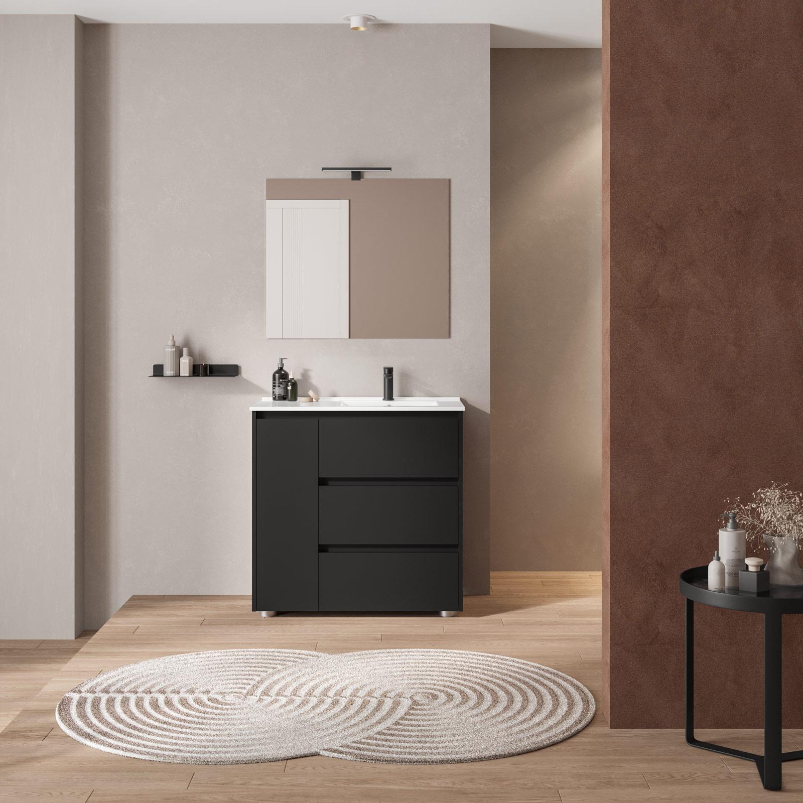 Mobile bagno a terra 100 cm con tre cassetti nero satinato con lavabo e specchio - Libras
