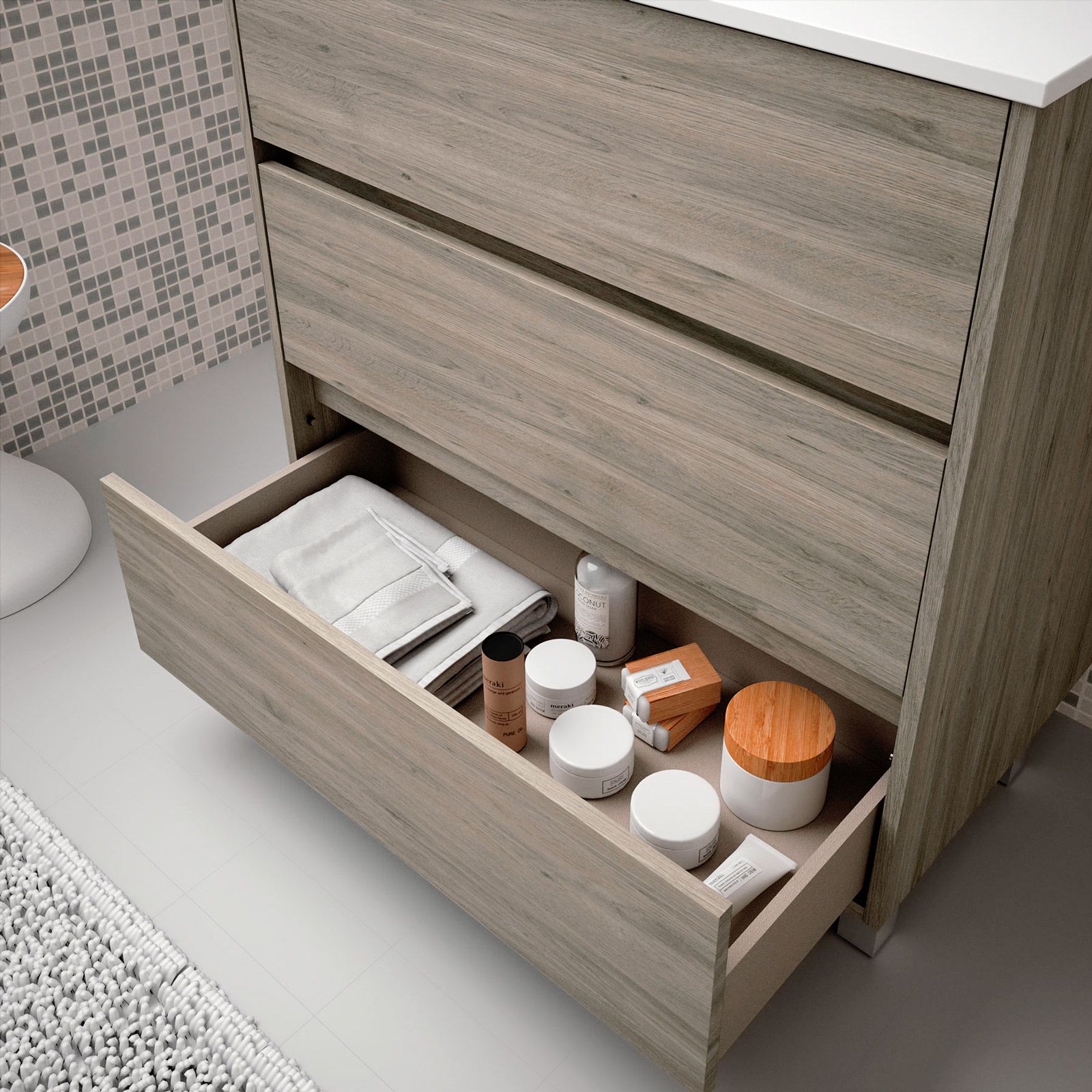 Mobile bagno a terra 60 cm rovere juta con 3 cassettoni lavabo e