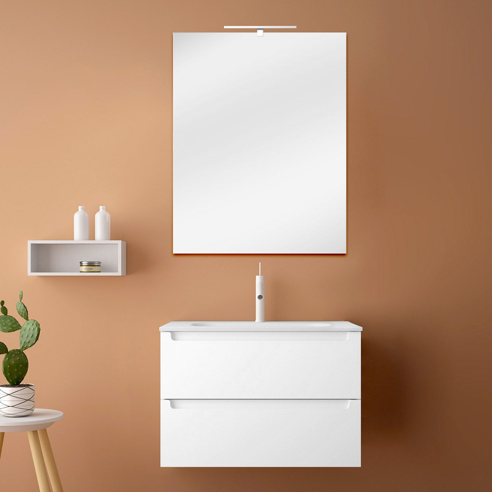 Mobile bagno da 80 cm bianco neve opaco soft touch con lavabo e specchio  70x90 cm - Agata