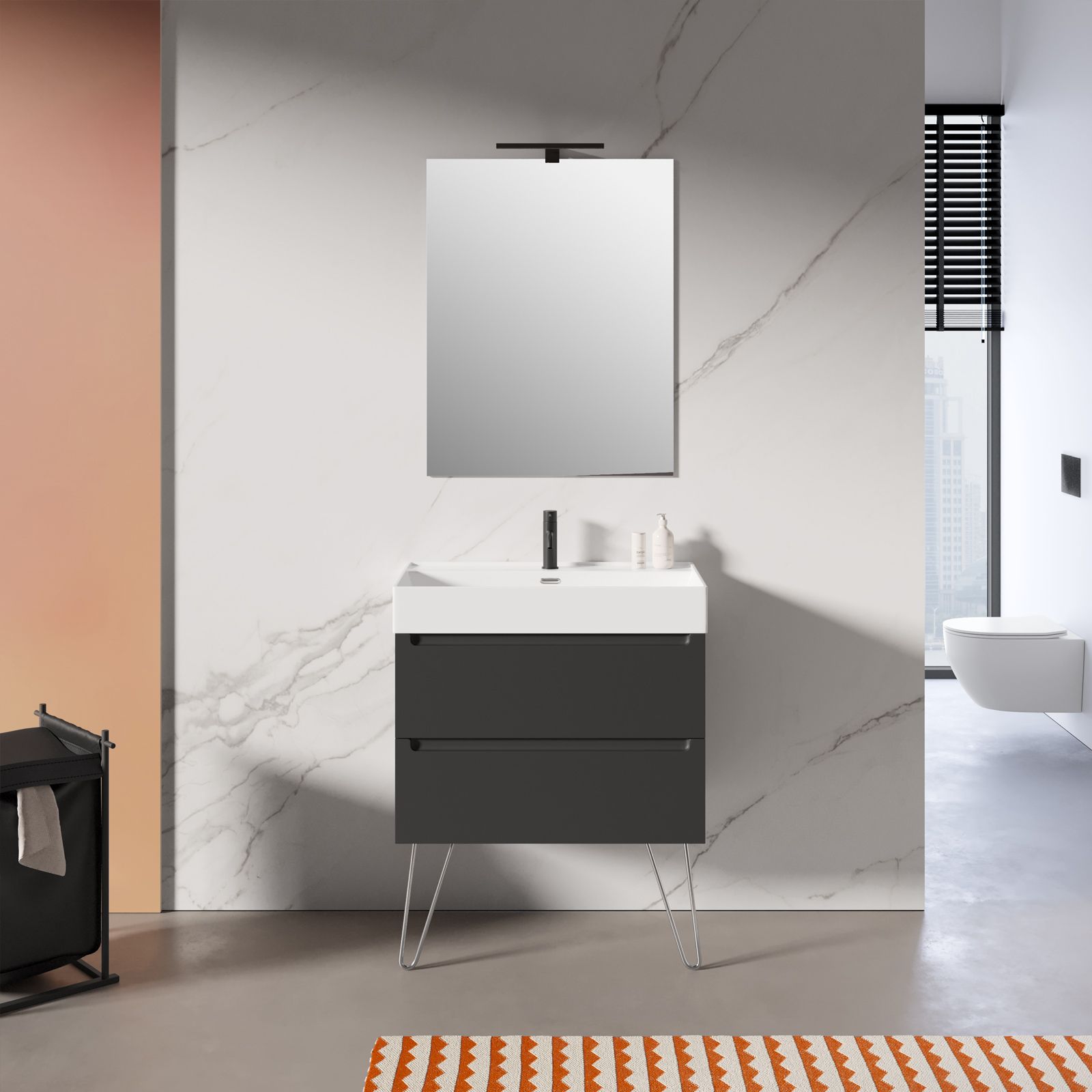 Mobile bagno nero carbone opaco soft touch da 80 cm con lavabo e