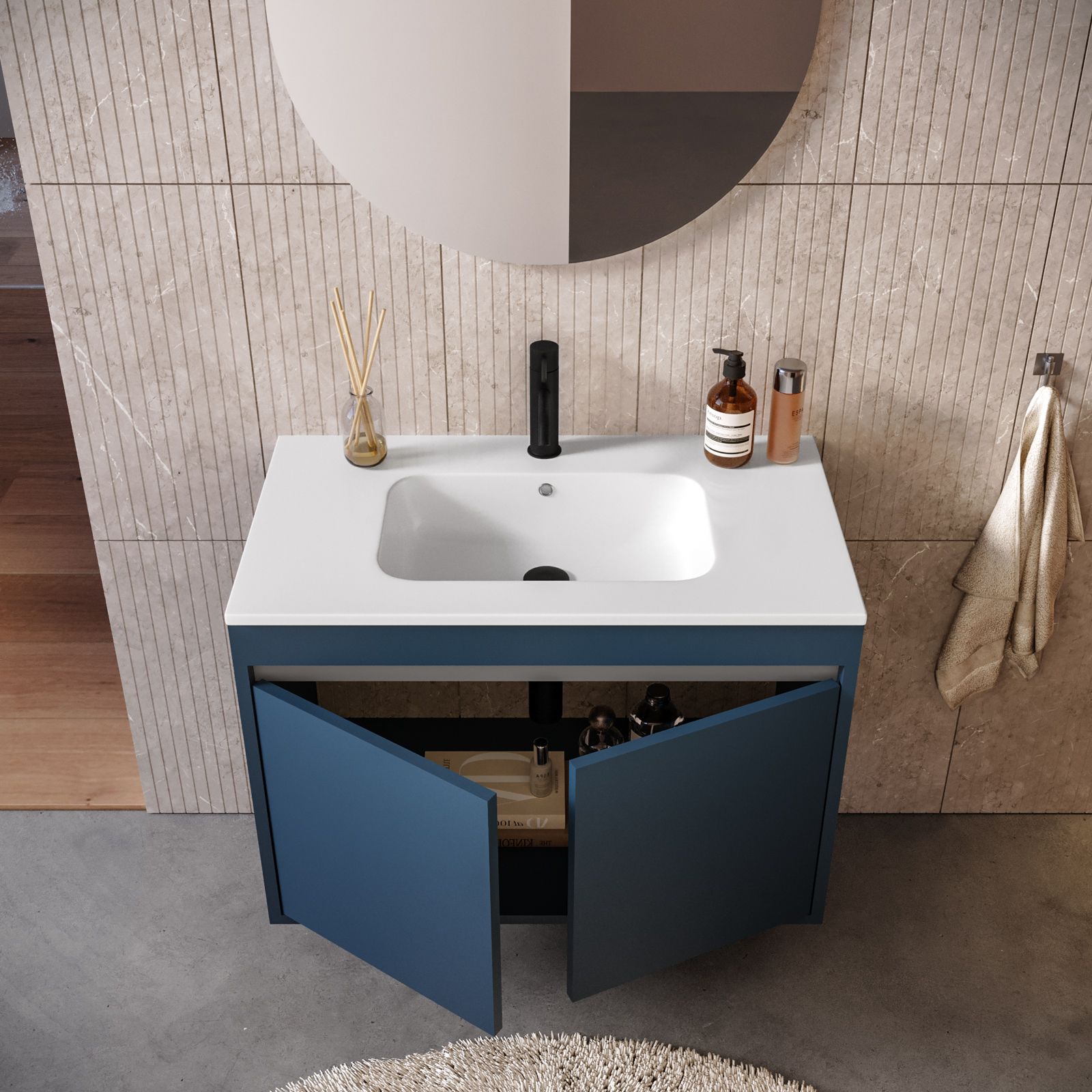 Mobile bagno con ante 70 cm bianco opaco con lavabo e specchio - Dedalo