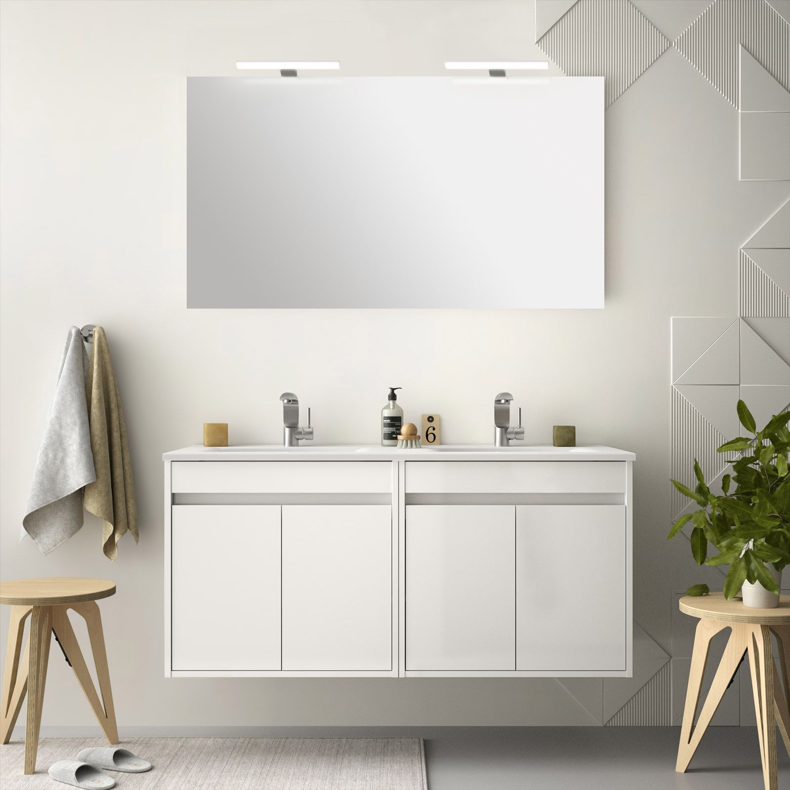 Mobile bagno da 120 cm bianco lucido sospeso con doppio lavabo e doppio  specchio - Medora