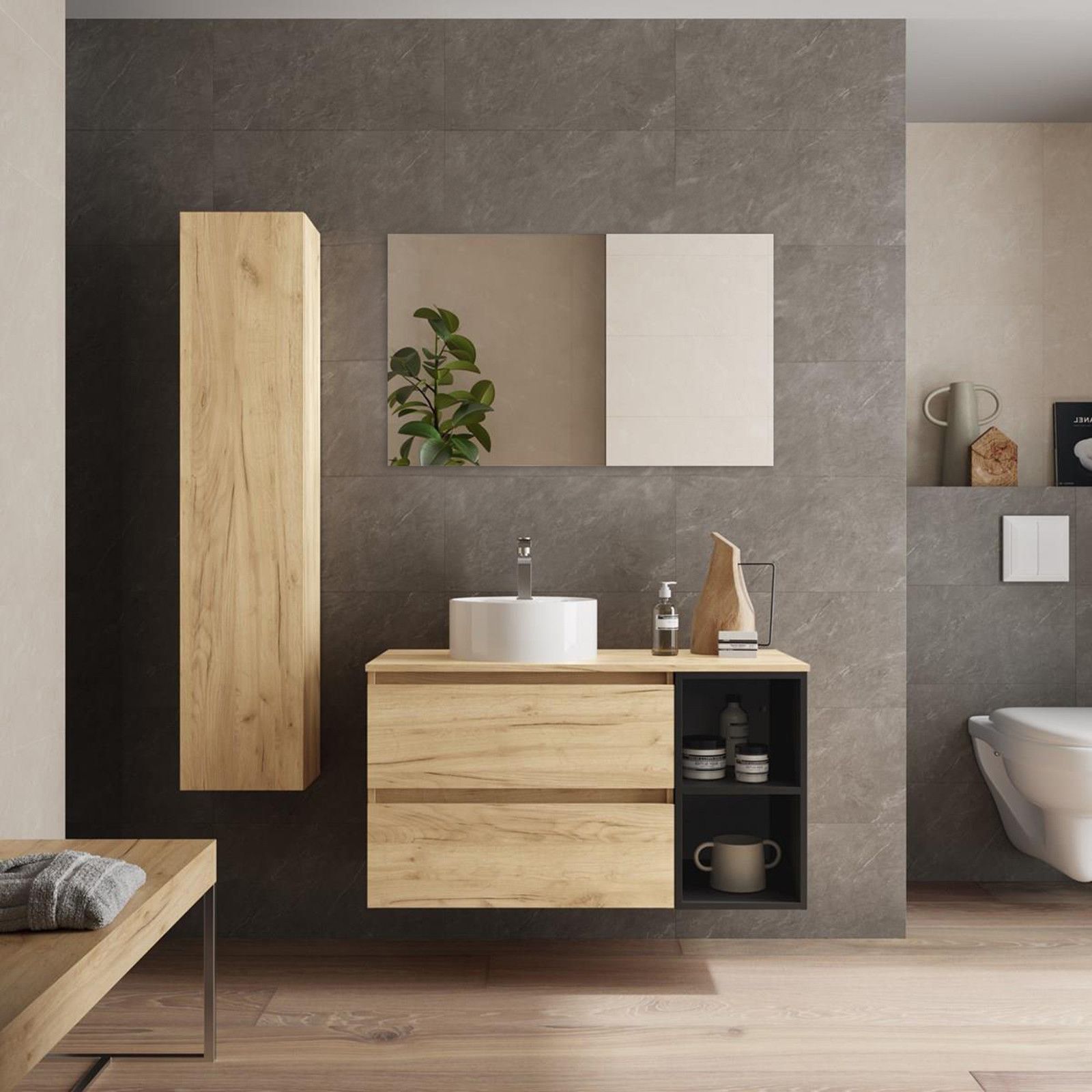 Mobile bagno sospeso 100 cm rovere africa con specchio - Yamir