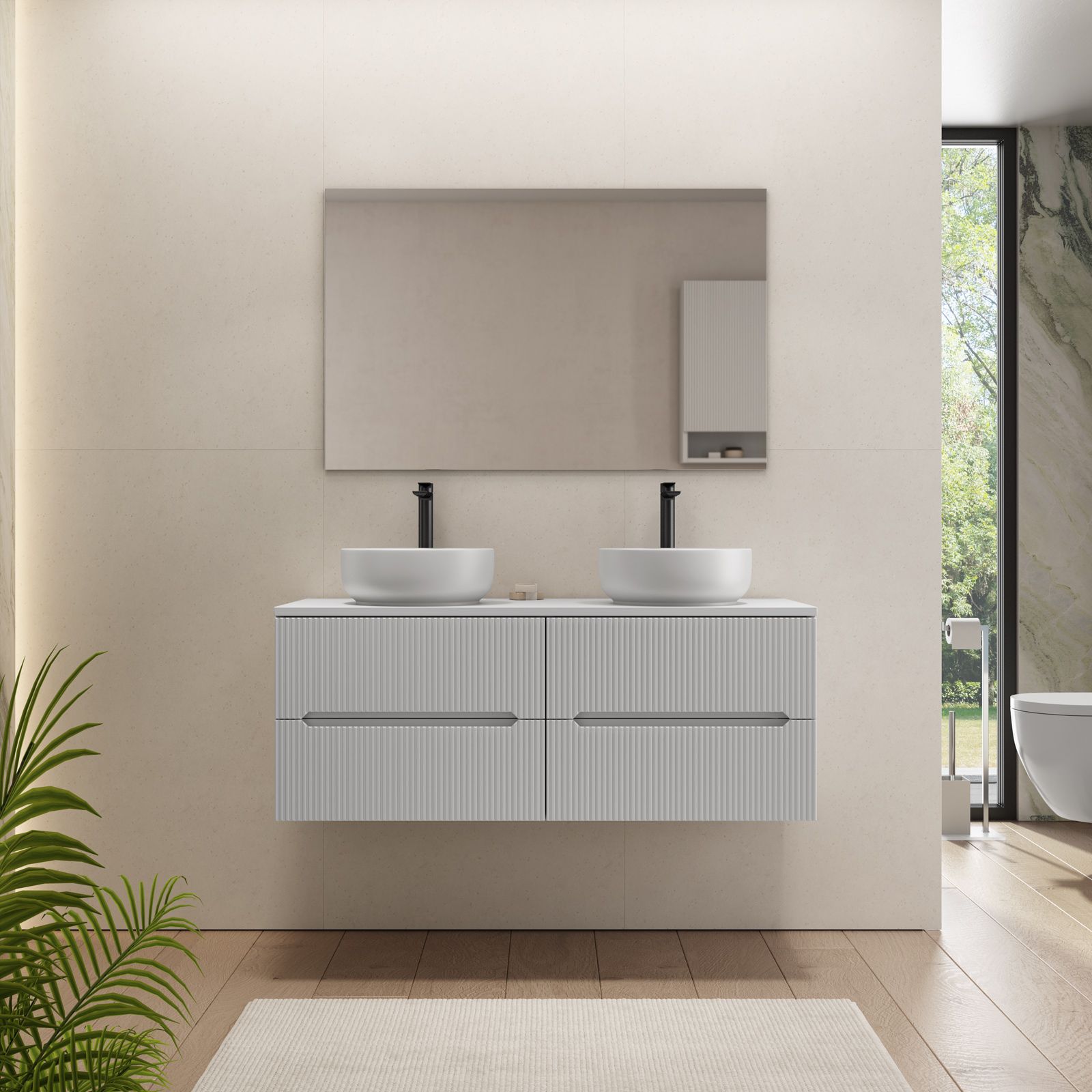 Mobile bagno portalavabo 120 cm cannettato con cassetti bianco opaco e  specchio - Tayga