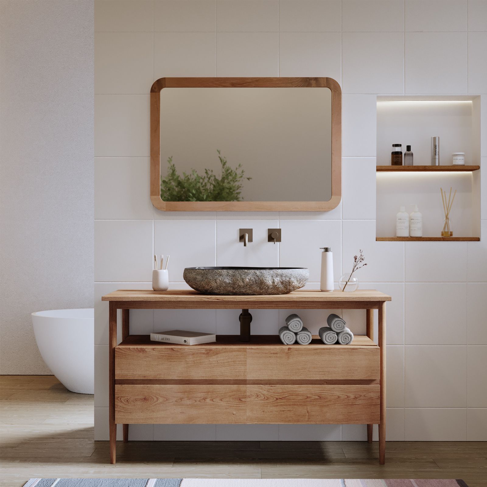 Mobile bagno portalavabo 58 cm con ripiano in legno teak naturale - Twinky