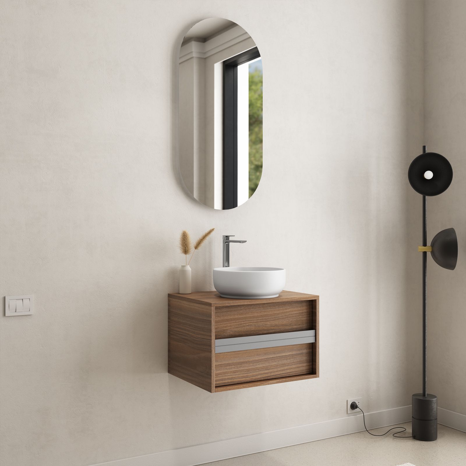 Icon Space Mobile Sottolavabo Bagno con Armadietto e Ripiano Aperto  60x30x62cm Grigio e Legno Naturale 469GY8