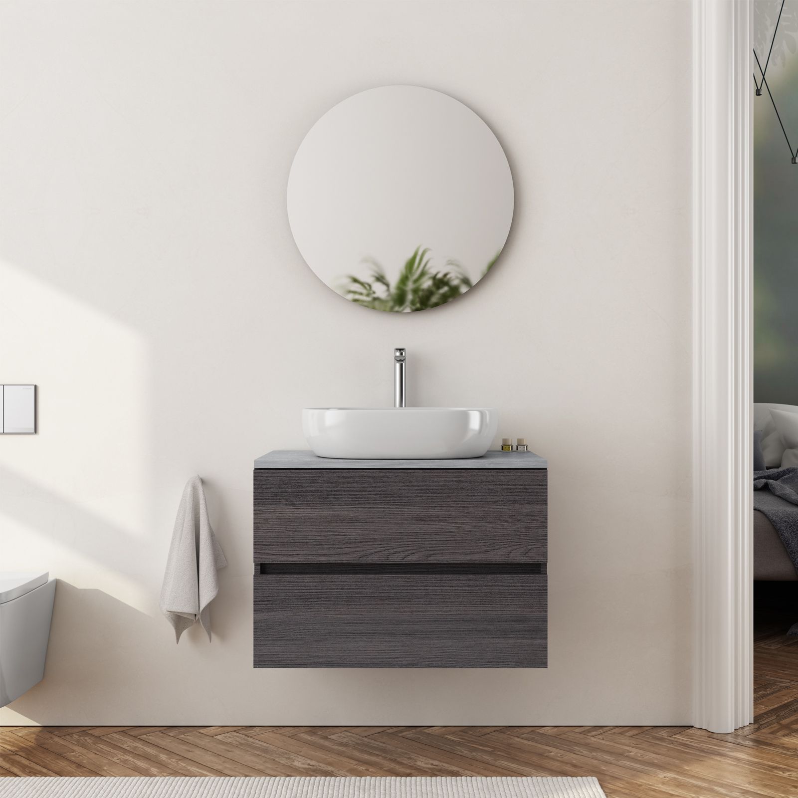 Mobile bagno portalavabo 80 cm rovere cenere con top grigio malta e specchio  - Fully