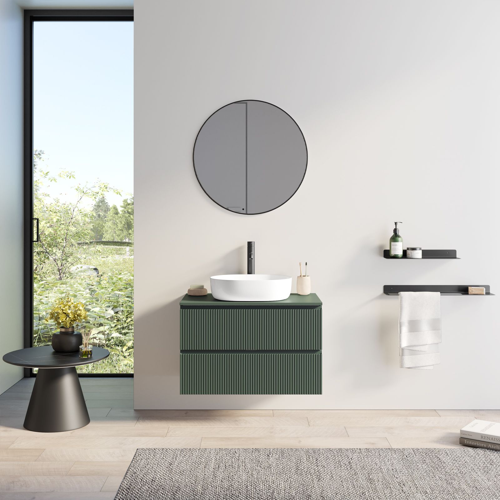 Mobile bagno portalavabo 80 cm verde opaco cannettato con specchio - Gaia