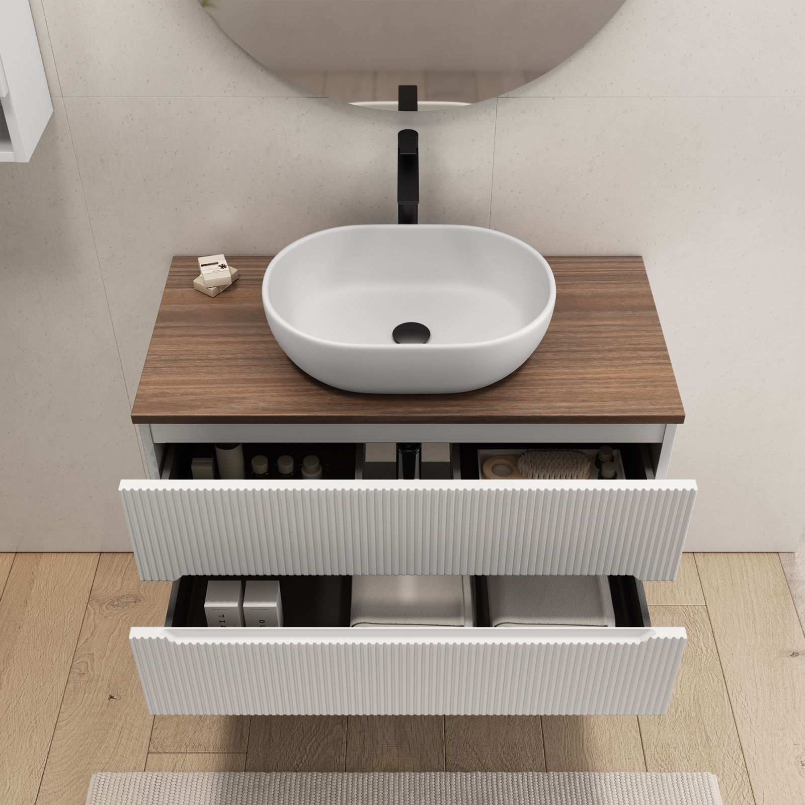 Mobile bagno portalavabo 90 cm cannettato con cassetti bianco opaco e top  rovere deciso con specchio - Tayga