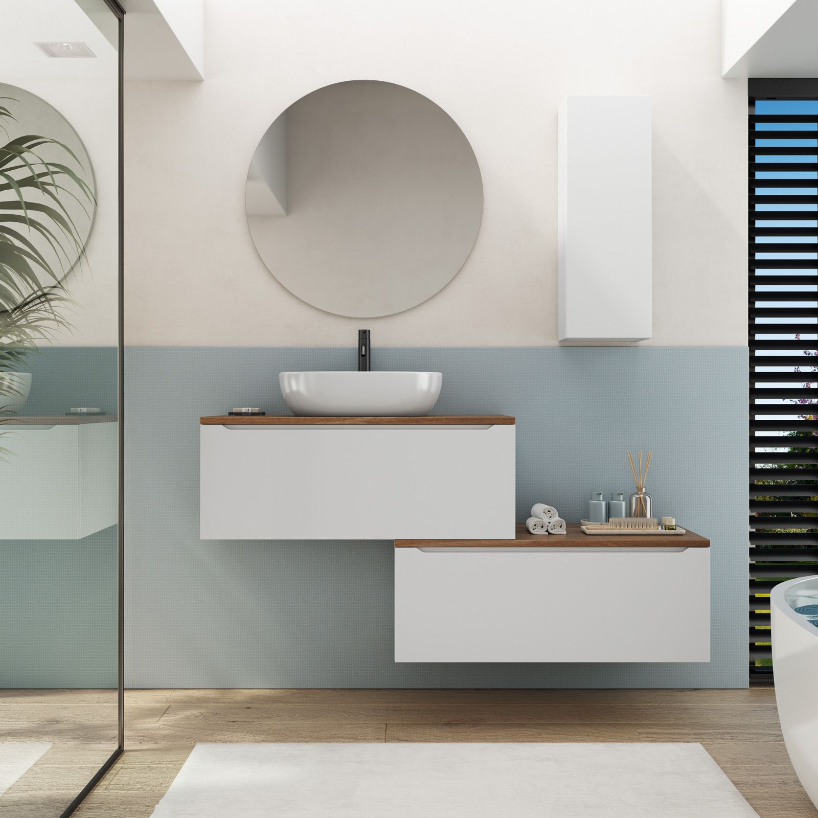 Mobile bagno portalavabo 90 cm con cassettone sospeso bianco opaco e  specchio - Sleek