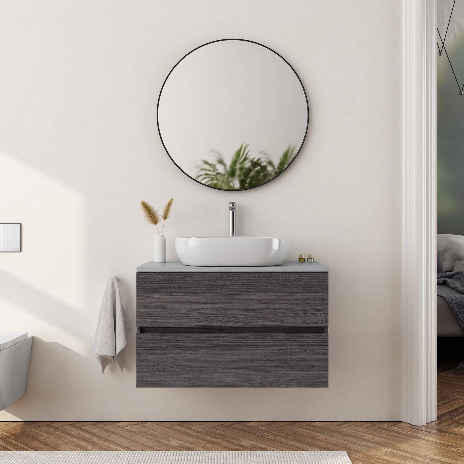 Mobile bagno portalavabo 90 cm rovere cenere con top grigio pietra e  specchio - Fully