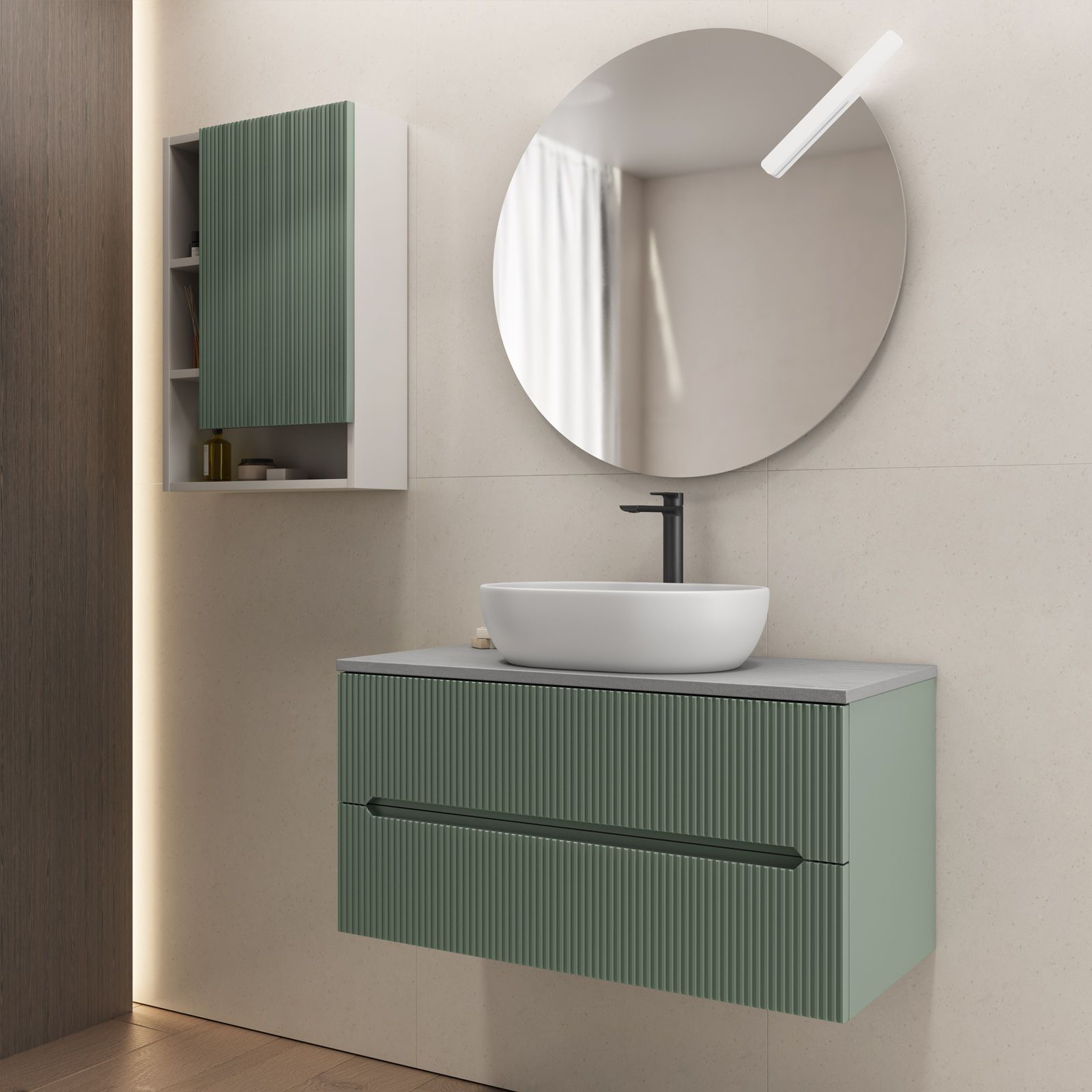 Mobile bagno portalavabo 90 cm verde jungle cannettato con top grigio malta  e specchio - Tayga