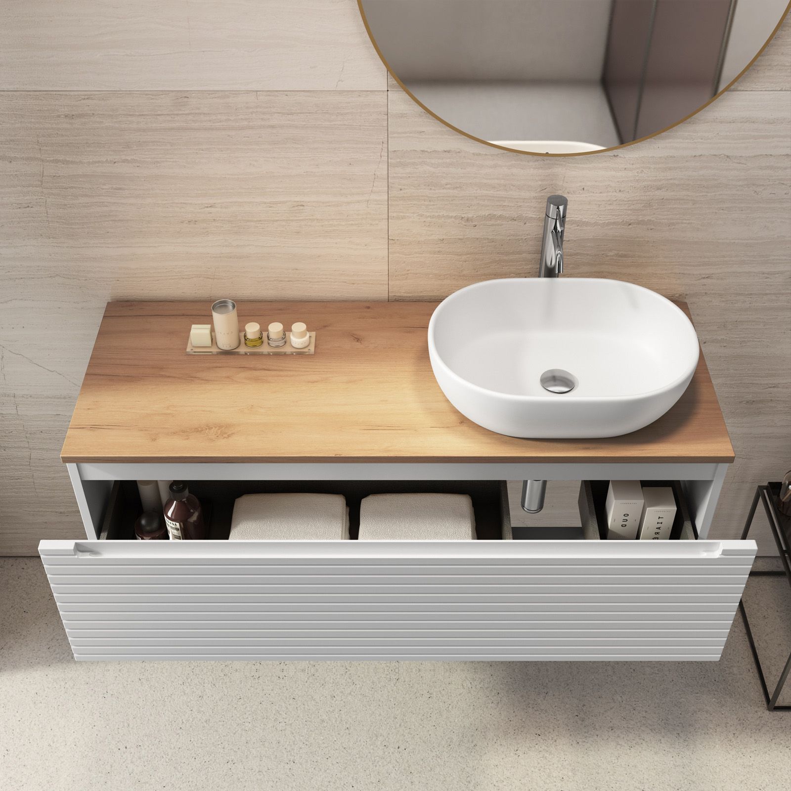 Mobile bagno sospeso 120 cm bianco opaco cannettato con lavabo dx e  specchio - Deck