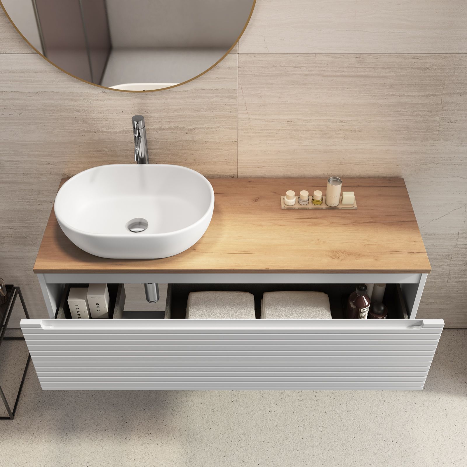 Mobile bagno portalavabo sx 120 cm con cassetti bianco opaco e top rovere  deciso - Sleek