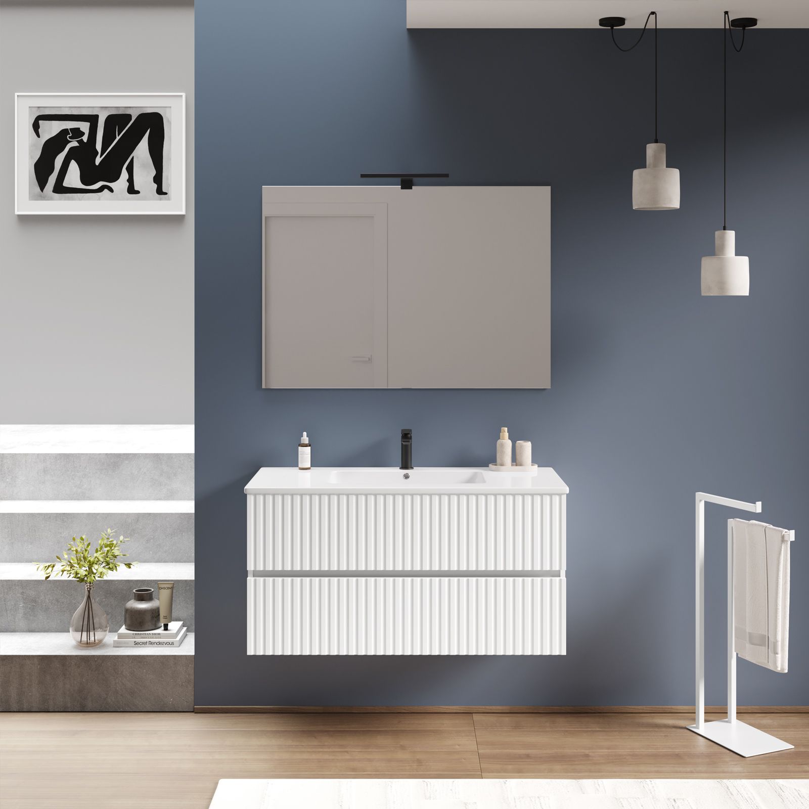 Mobile bagno sospeso 100 cm bianco opaco cannettato con lavabo integrato e  specchio - Kamas