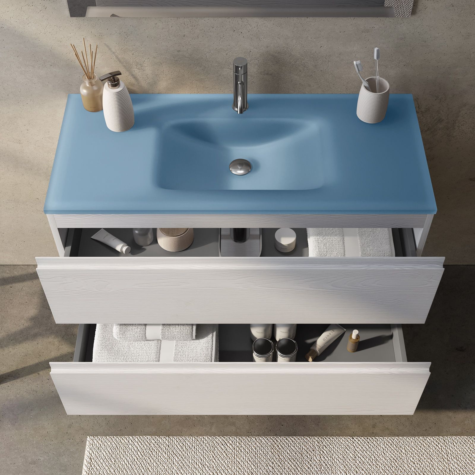 MOBILE BAGNO SOSPESO 100CM CASSETTI CELESTE OPACO, LAVABO IN CERAMICA SX