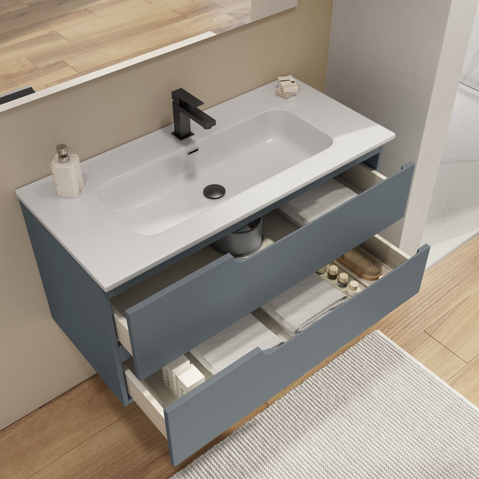 Mobile bagno sospeso 100 cm con lavabo integrato color carta da zucchero e  specchio - Agave Plus