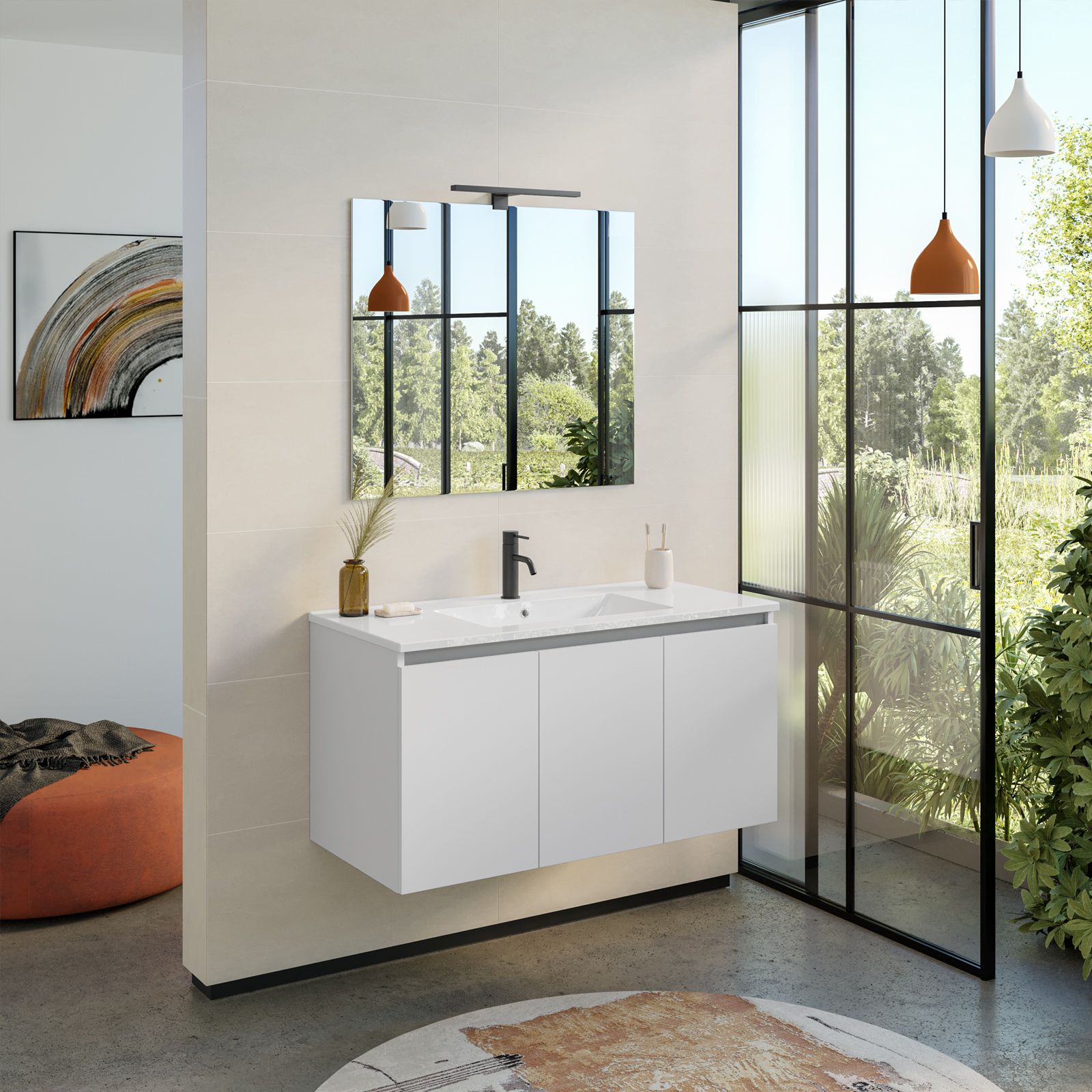 Bagno completo di mobile bianco opaco 100 cm, specchio led, rubinetti e  sanitari