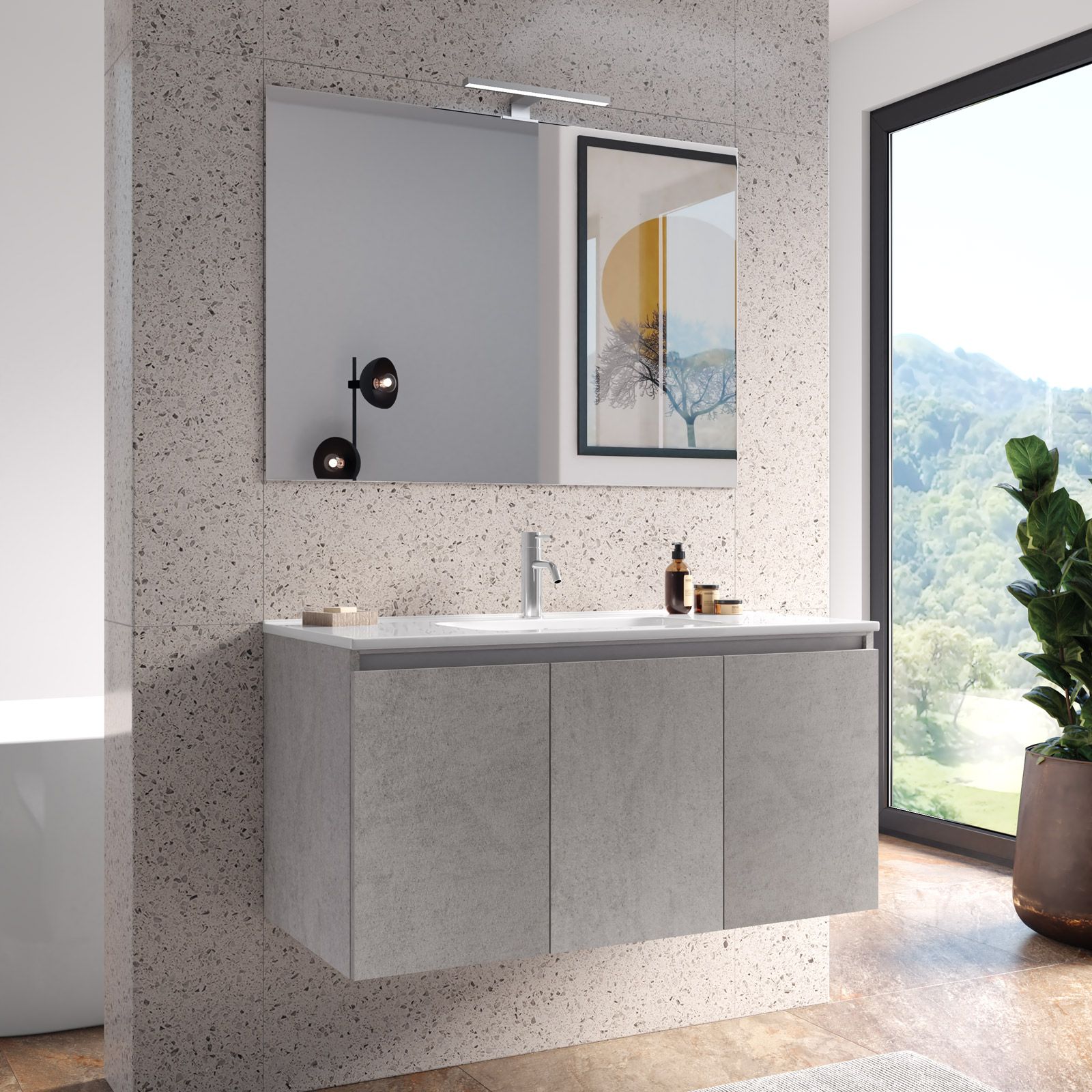 Cassetto contenitore sospeso arredo bagno grigio cemento urban da 100 x 27h  cm