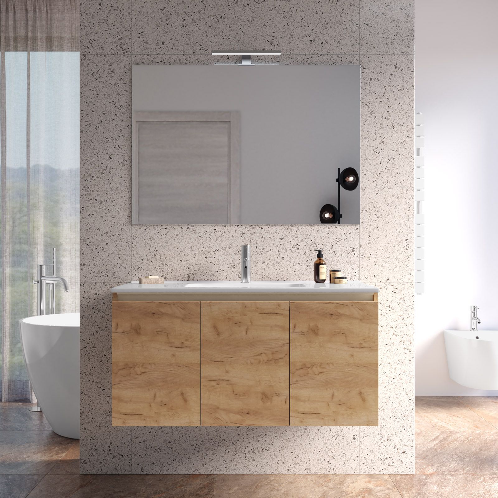 Mobile bagno sospeso 100cm rovere chiaro con top per lavabo in appoggio e  specchio mod. Yukon