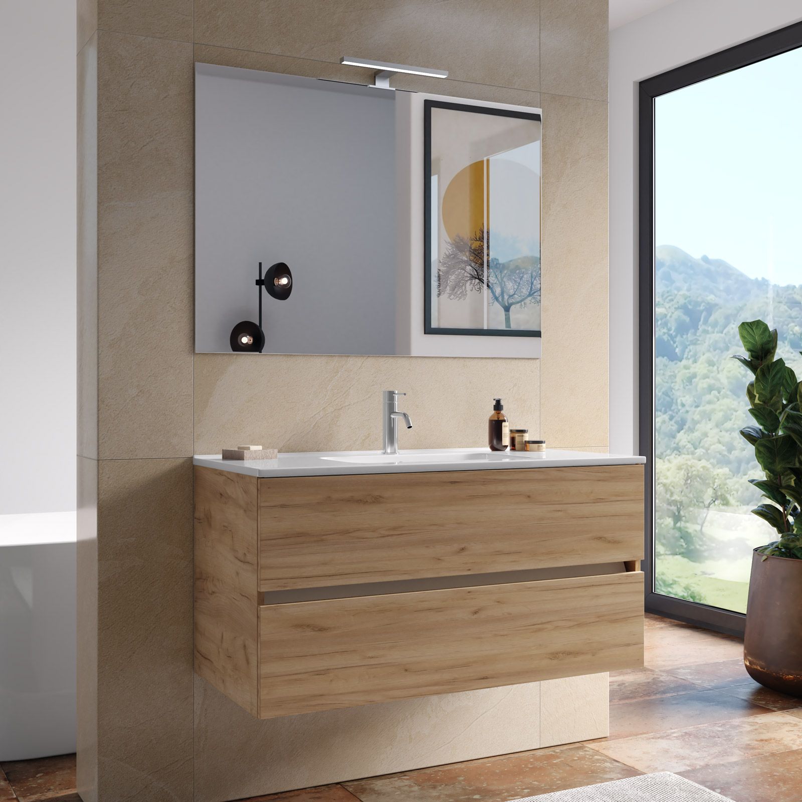 Bagno completo con mobile sospeso 100 cm rovere gold 3 ante con specchio  sanitari e miscelatori 