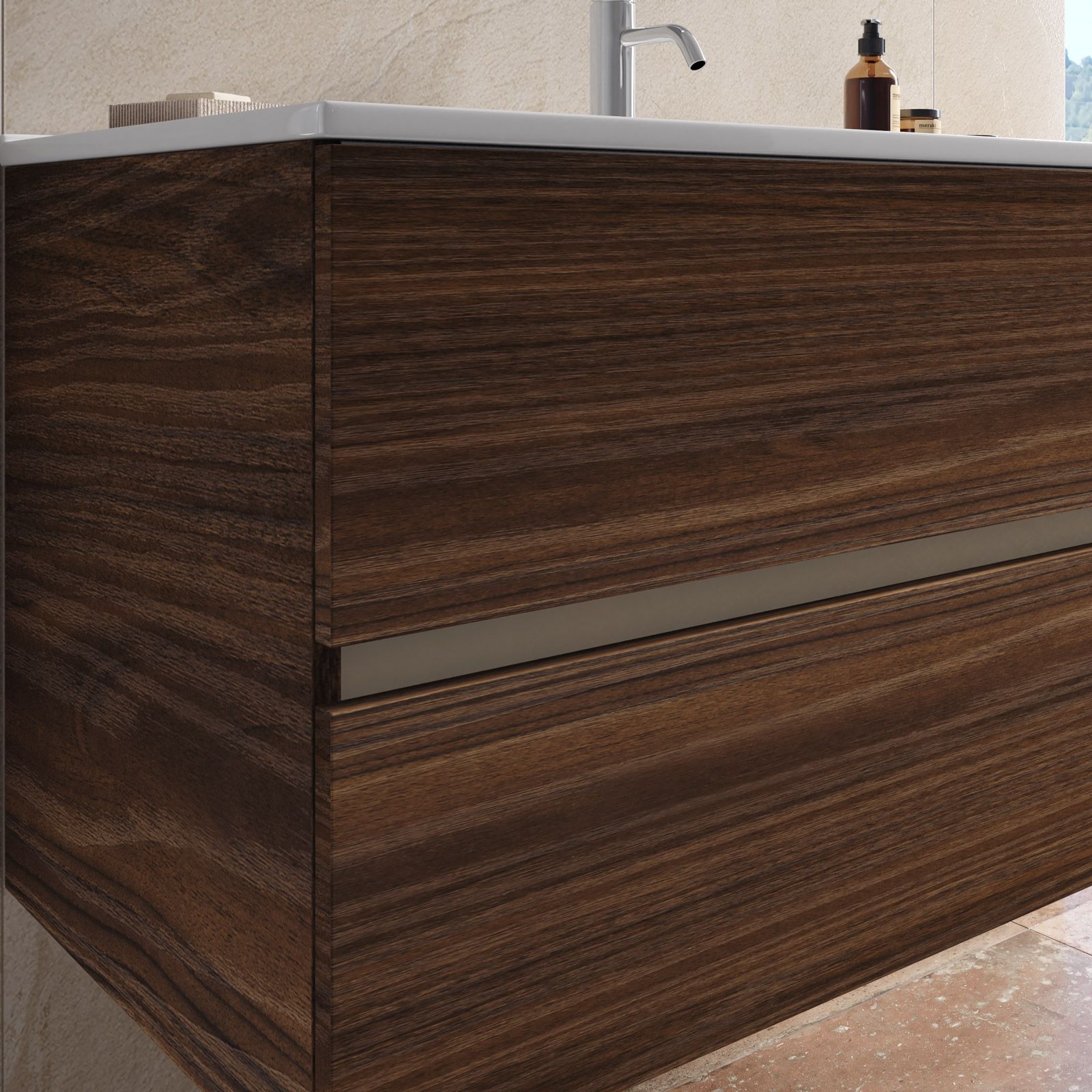 Mobile bagno sospeso con cassetti 100 cm rovere deciso opaco con lavabo in ceramica  e specchio - Cuki