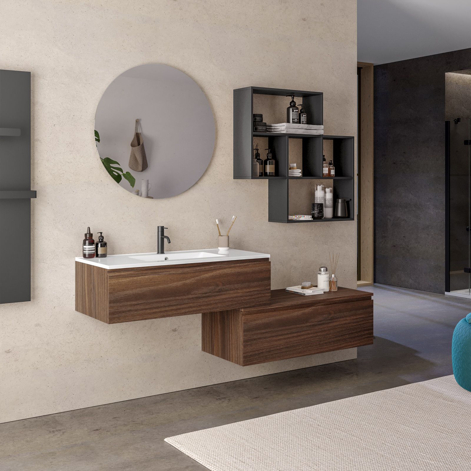 Mobile bagno sospeso 100 cm rovere deciso con lavabo in ceramica e specchio  - Verano Plus