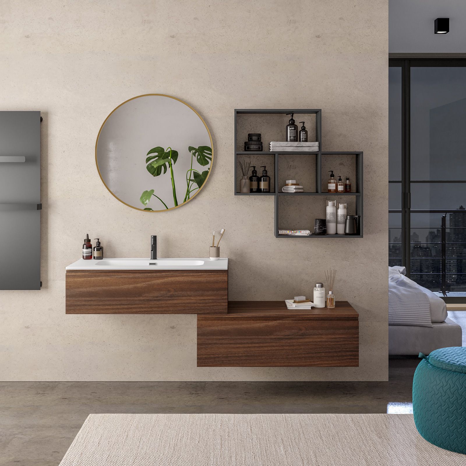 Mobile bagno sospeso con cassetti 100 cm rovere deciso opaco con lavabo in  ceramica e specchio 