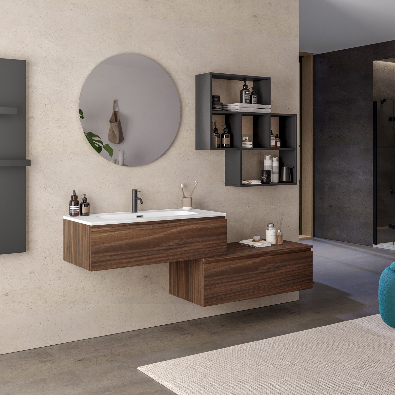 Mobile bagno sospeso 100 cm con cassettone rovere deciso e lavabo integrato  opaco - Verano