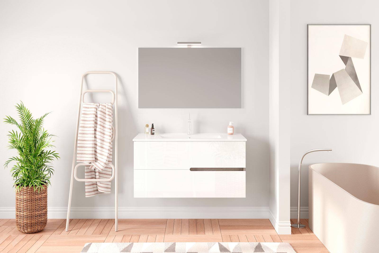 Mobile bagno sospeso 100 cm con lavabo e specchio finitura bianco e legno -  Fiordo