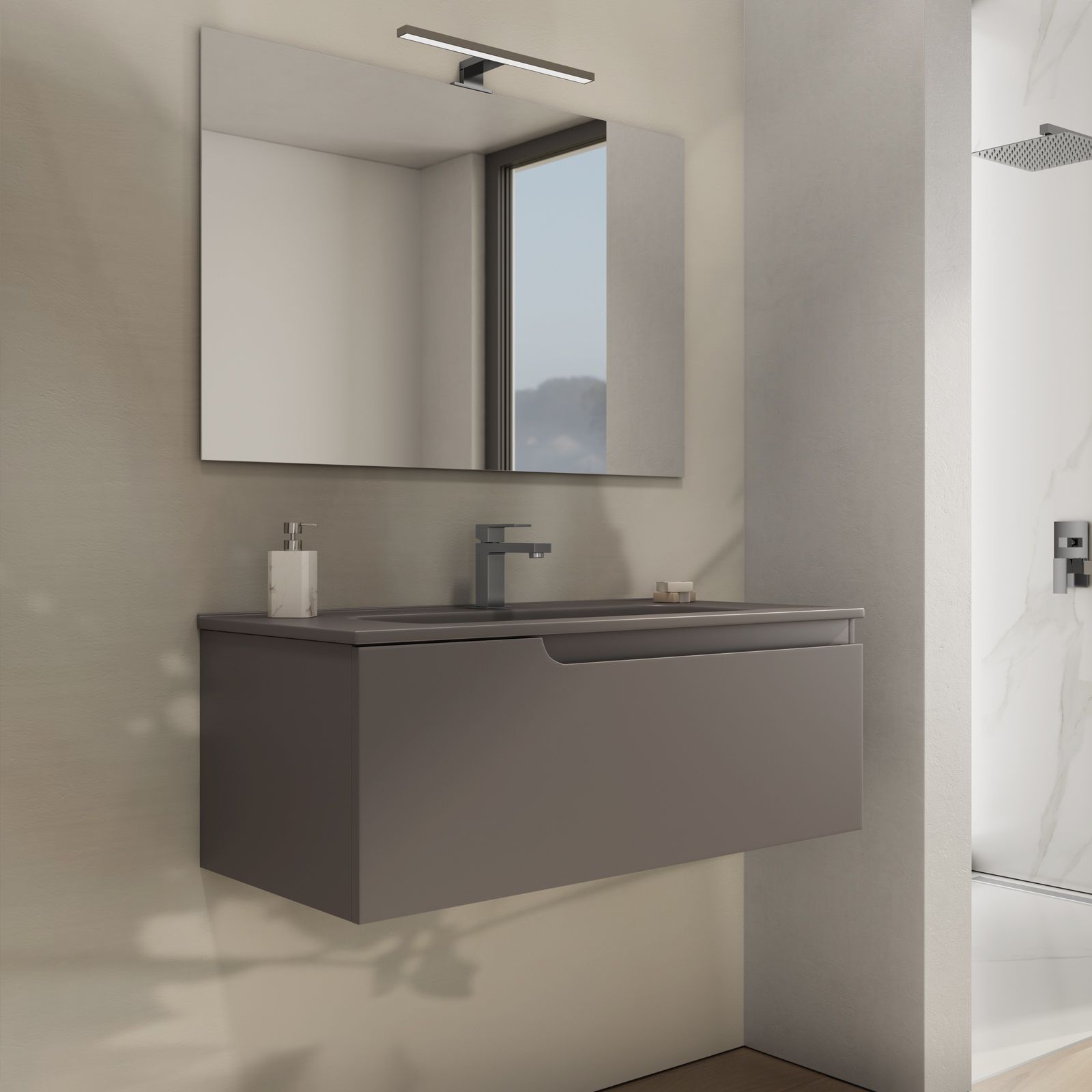 Mobile bagno sospeso 100 cm con lavabo integrato grigio opaco e specchio -  Agave Color