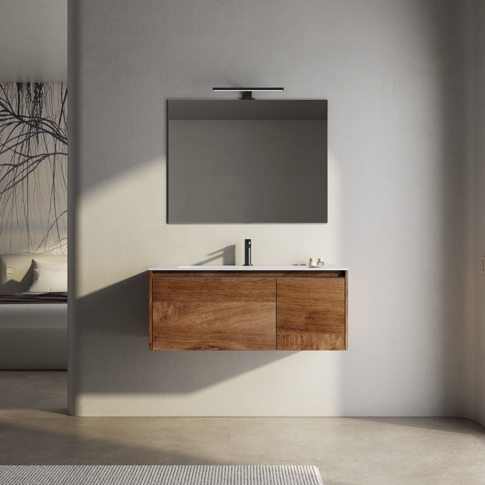 Mobile bagno sospeso 100 cm color noce nativo con lavabo e specchio - Edith