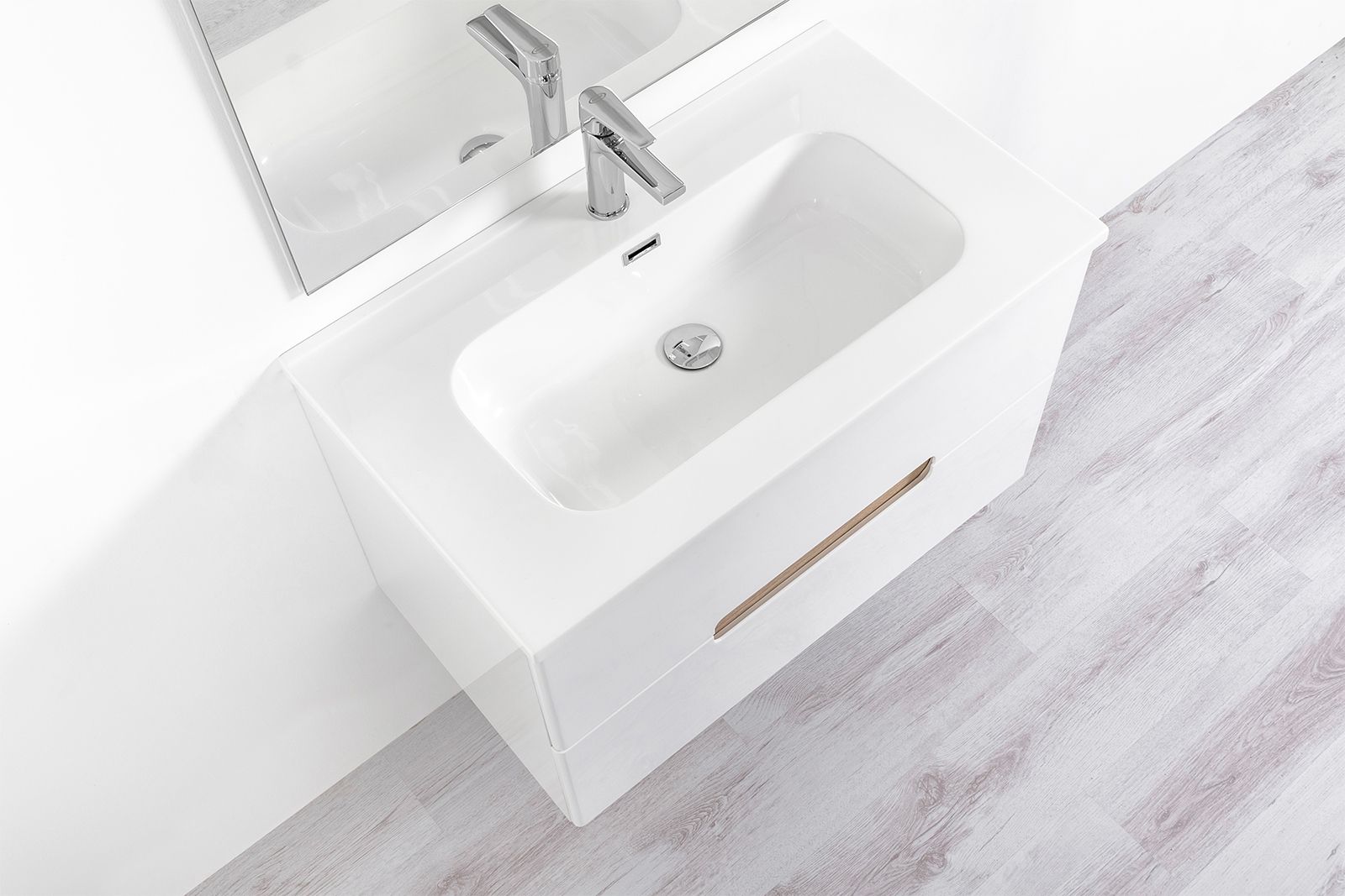 Mobile bagno sospeso 100 cm bianco lucido e rovere biondo con specchio -  Fisher