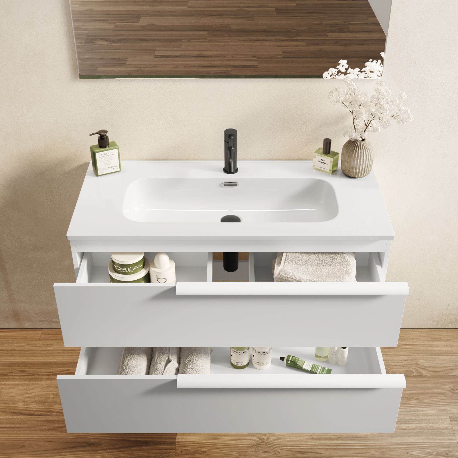 Mobile bagno sospeso 100 cm verde effetto legno con armadietto a specchio  Sofia