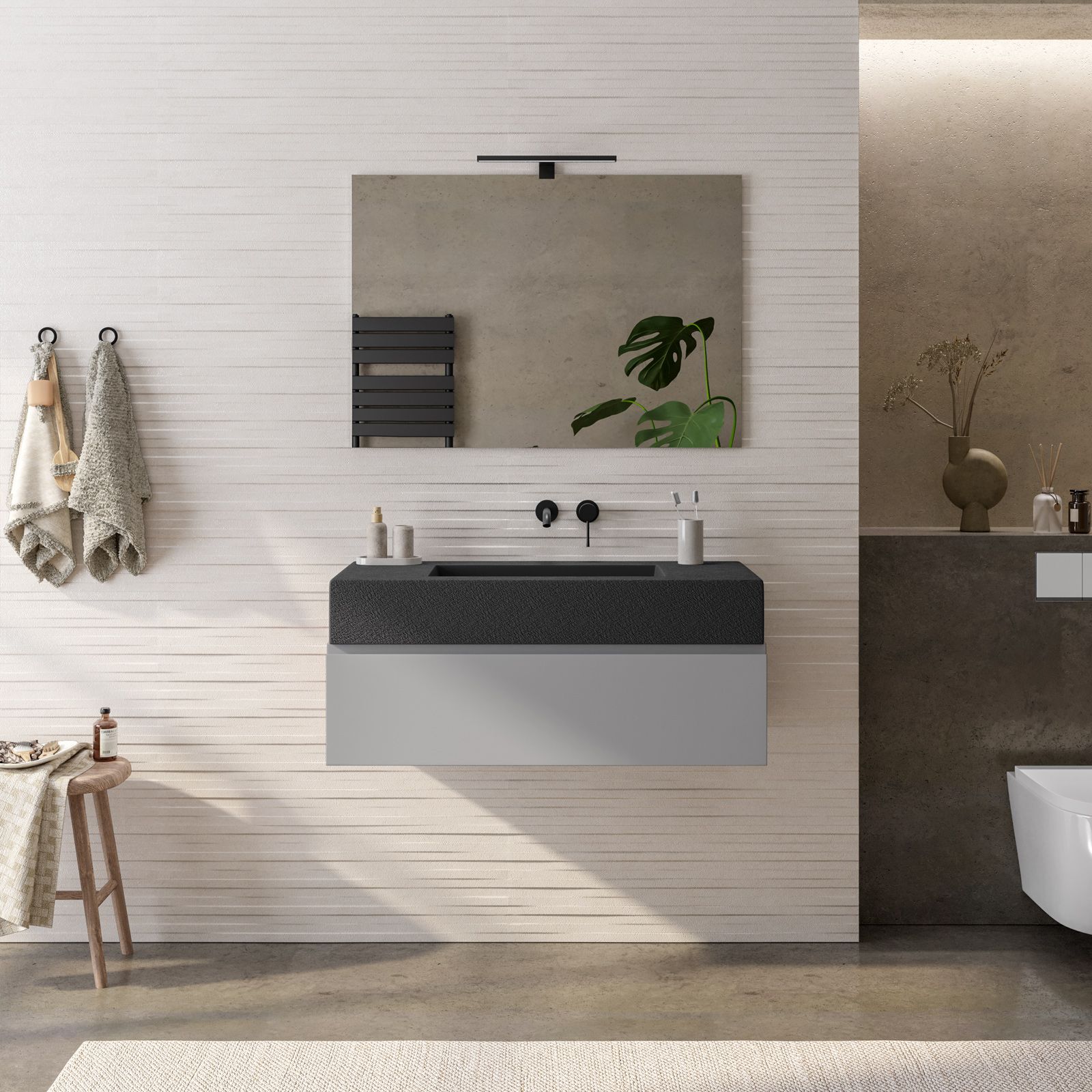 Mobile bagno sospeso 100 cm grigio matt con top lavabo antracite effetto  pietra e specchio - Verano