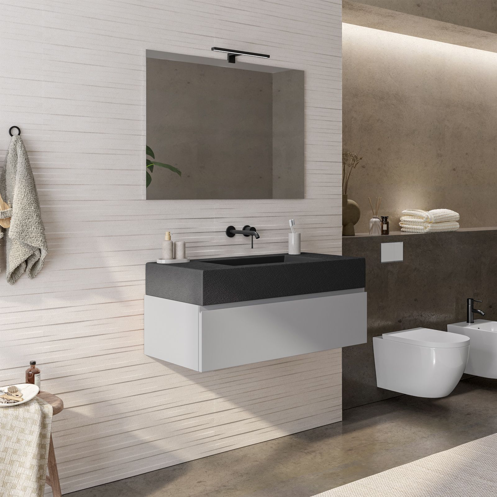 Mobile bagno sospeso 100 cm grigio matt con top lavabo antracite effetto  pietra e specchio - Verano