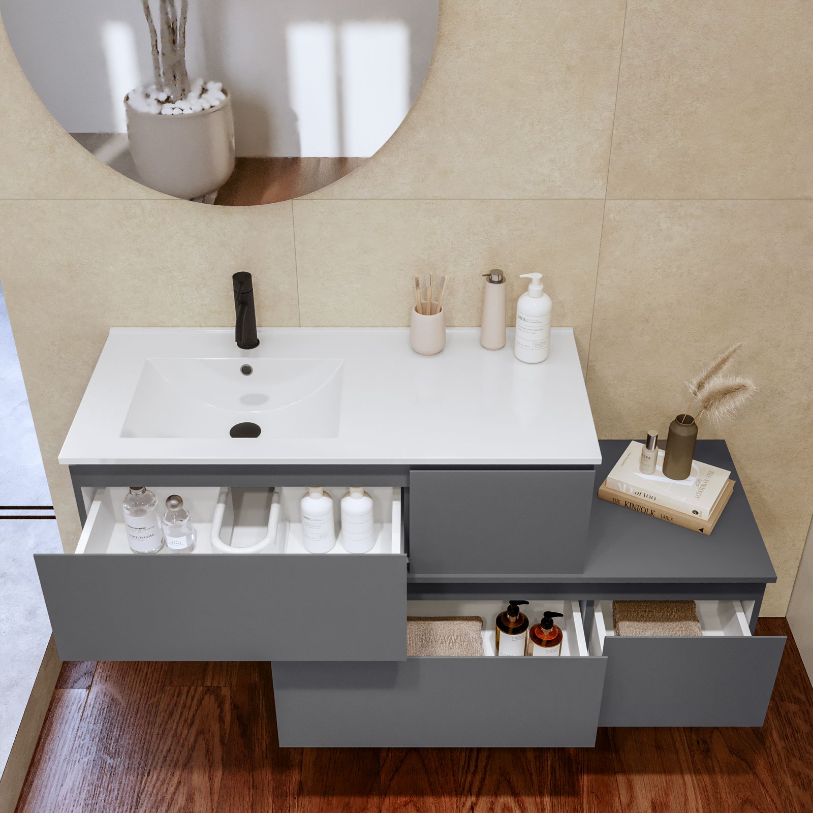 Mobile bagno sospeso moderno Comfort grigio, misura cm 100, con specchio  led, lavabo e colonna Arredobagno e Cucine s.r.l.s.