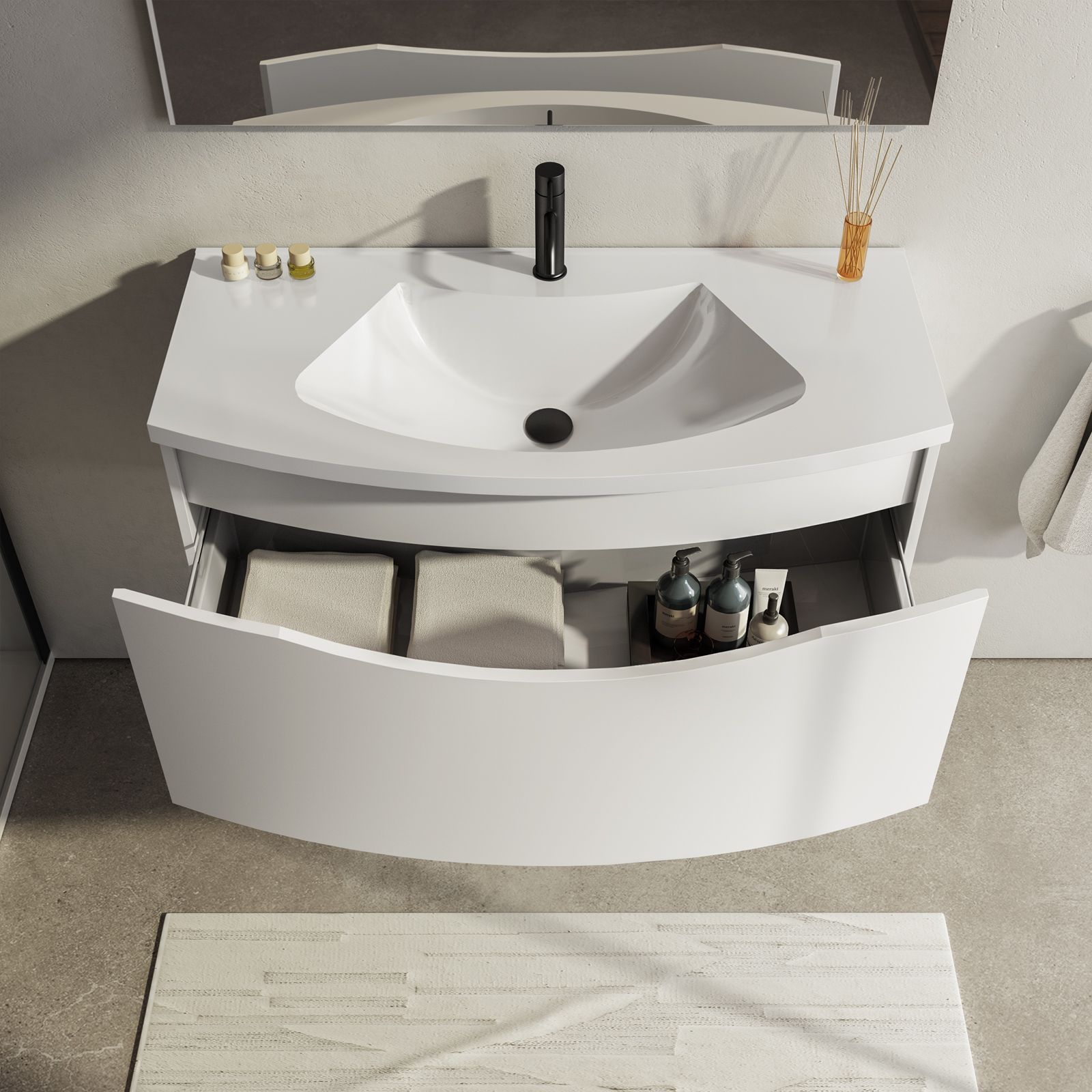 Mobile da bagno sospeso 100cm bianco lucido con lavabo e specchio mod.  Jasper