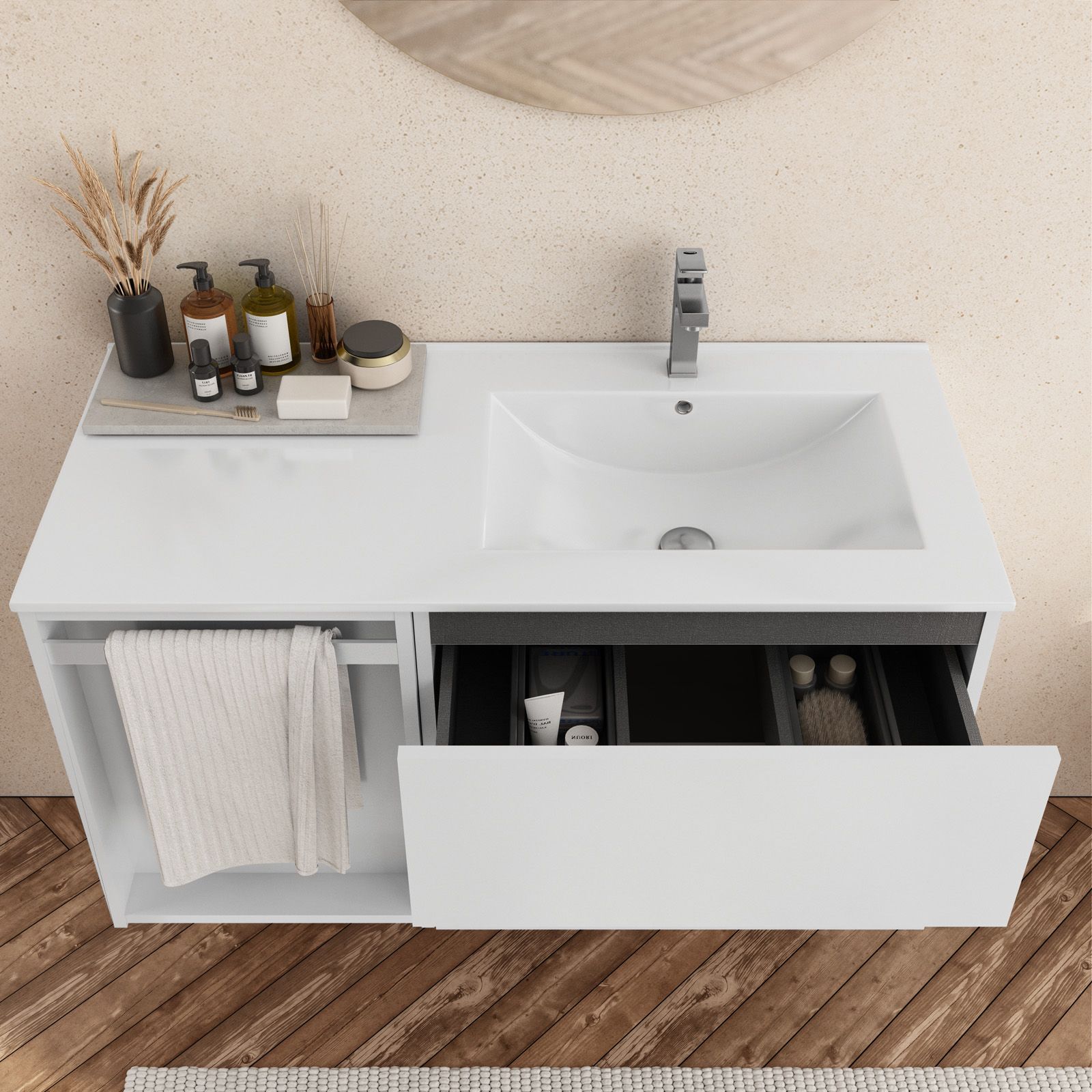 Mobile bagno sospeso 100 cm con lavabo decentrato sx o dx e specchiera