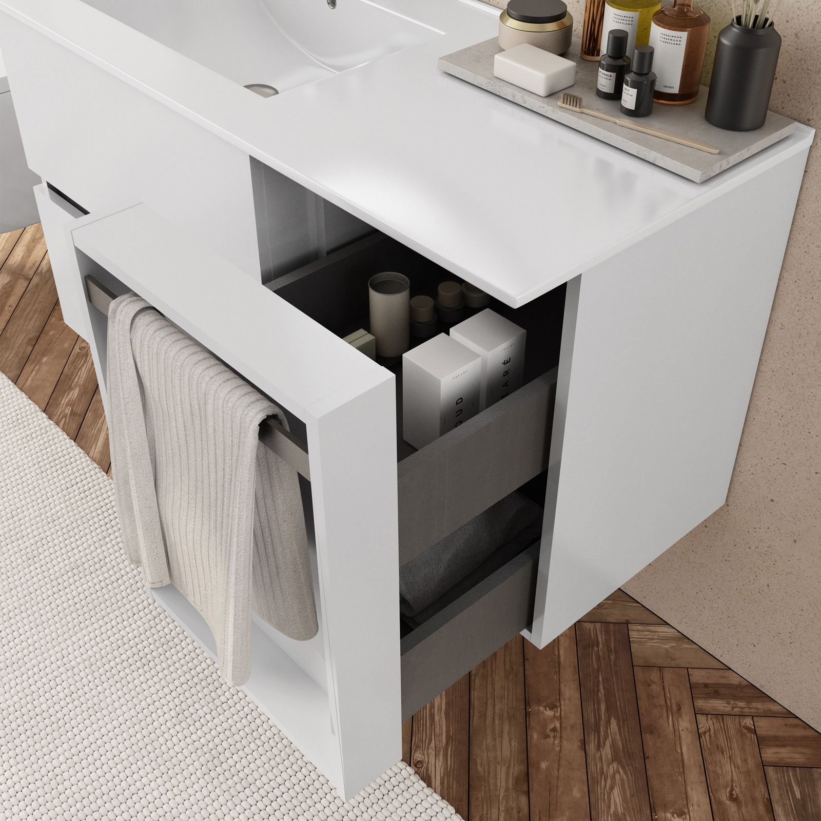 Mobile bagno completo di lavabo e specchio con pensile cm 75 Bianco Lucido  Beach 1